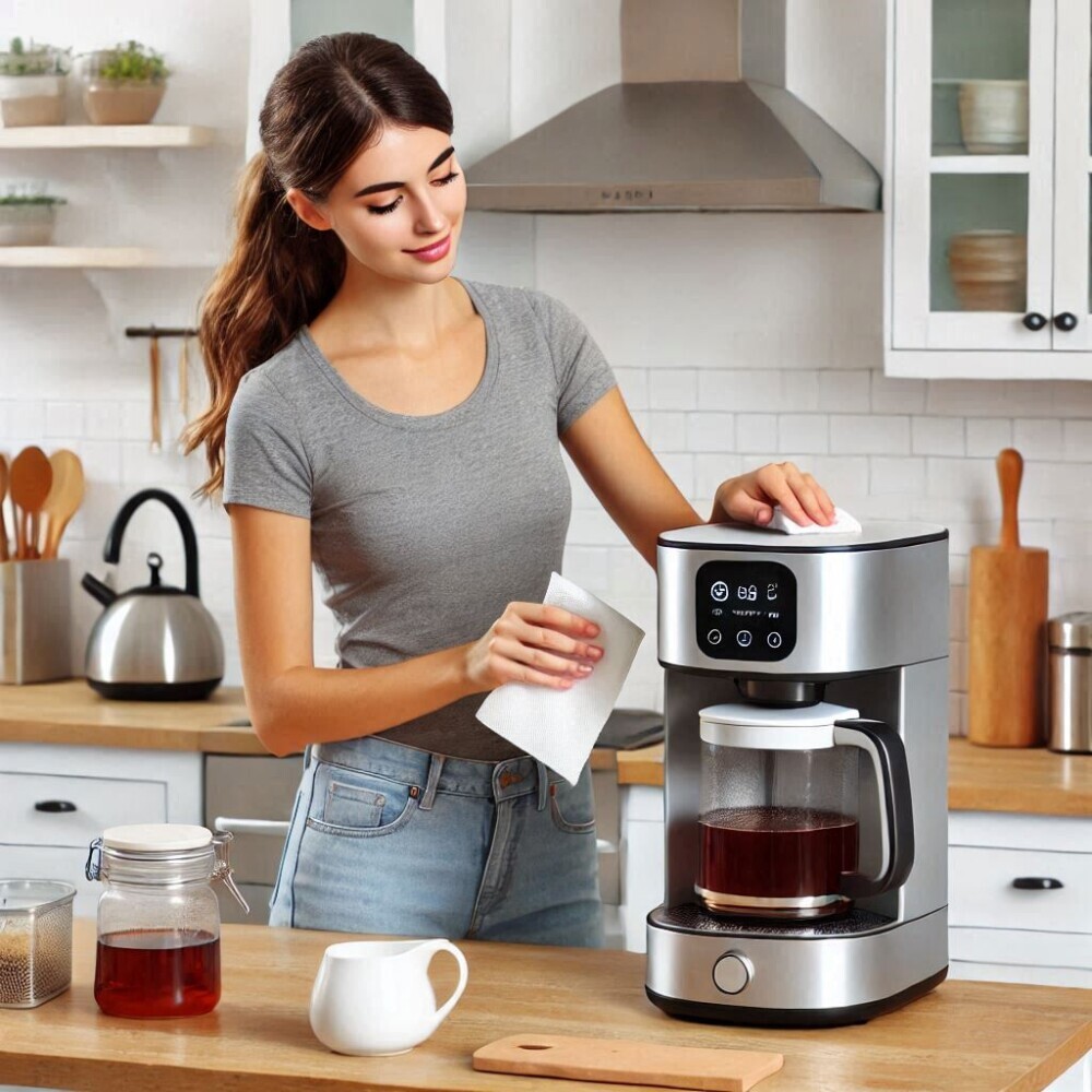 a woman is cleaning her smart tea brewer