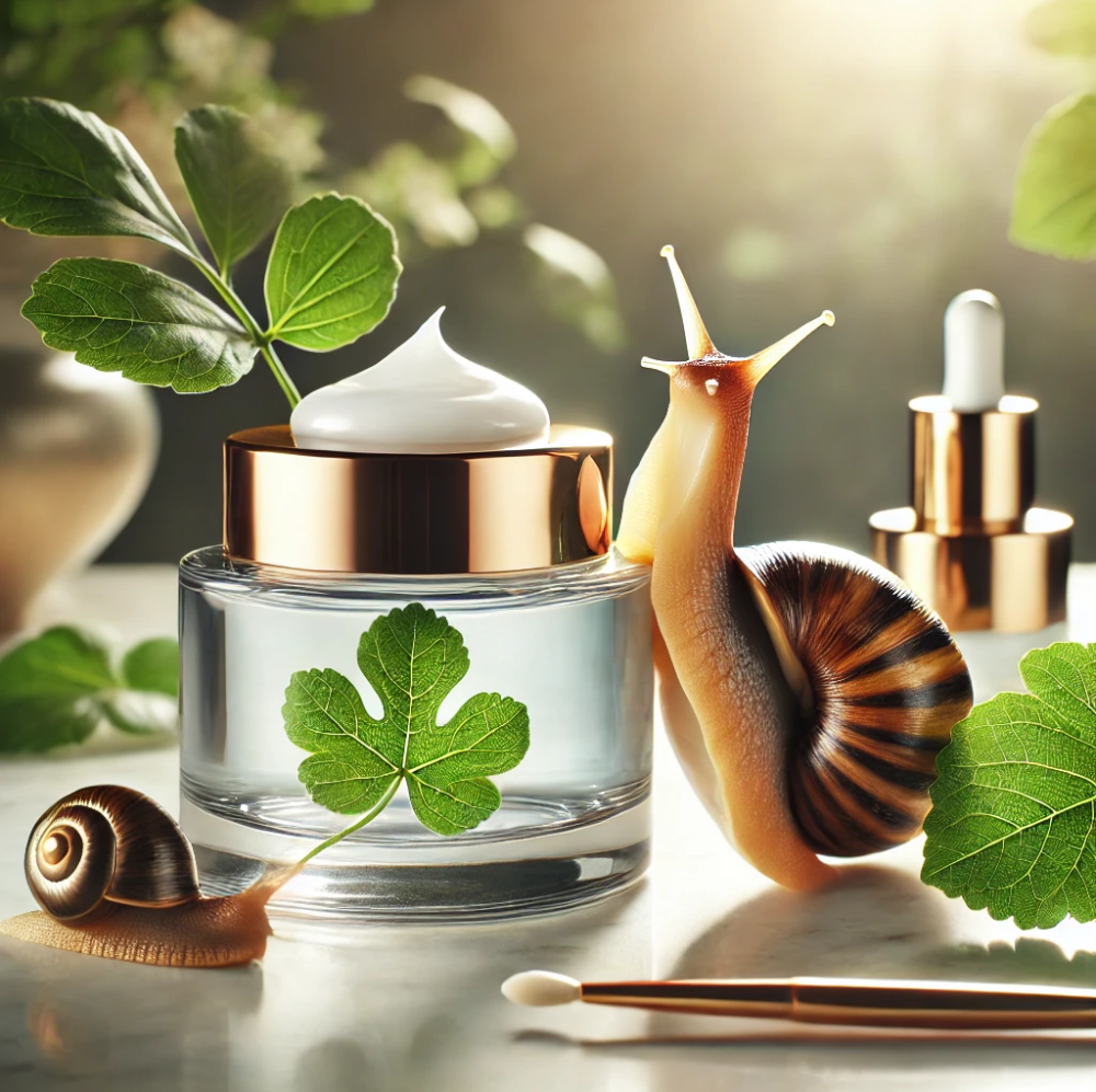 A luxurious skincare scene highlighting snail secretion therapy.