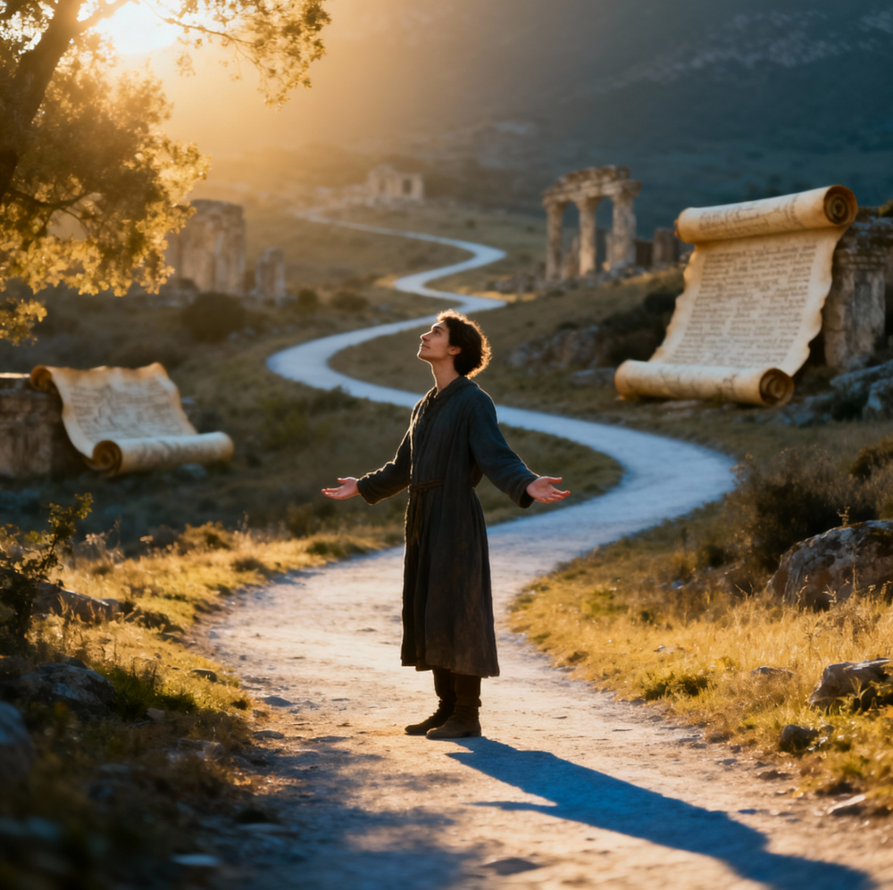 Person standing calmly at a crossroads, welcoming all of life’s experiences, symbolizing the Stoic ideal of Amor Fati