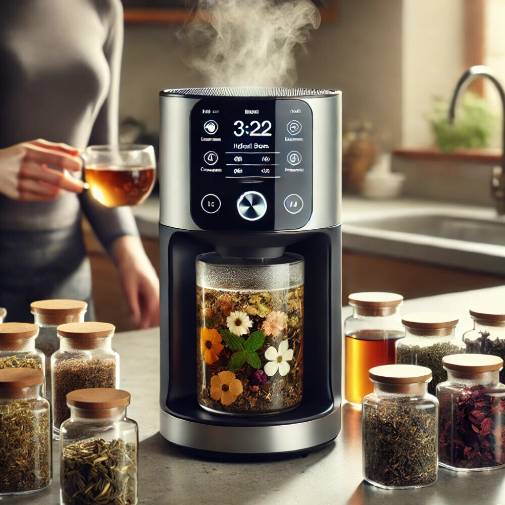 A modern and stylish smart tea brewer on a kitchen countertop, actively brewing a cup of aromatic herbal tea