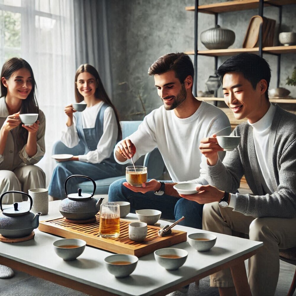 a group of people enjoying tea during a modern tea ceremony