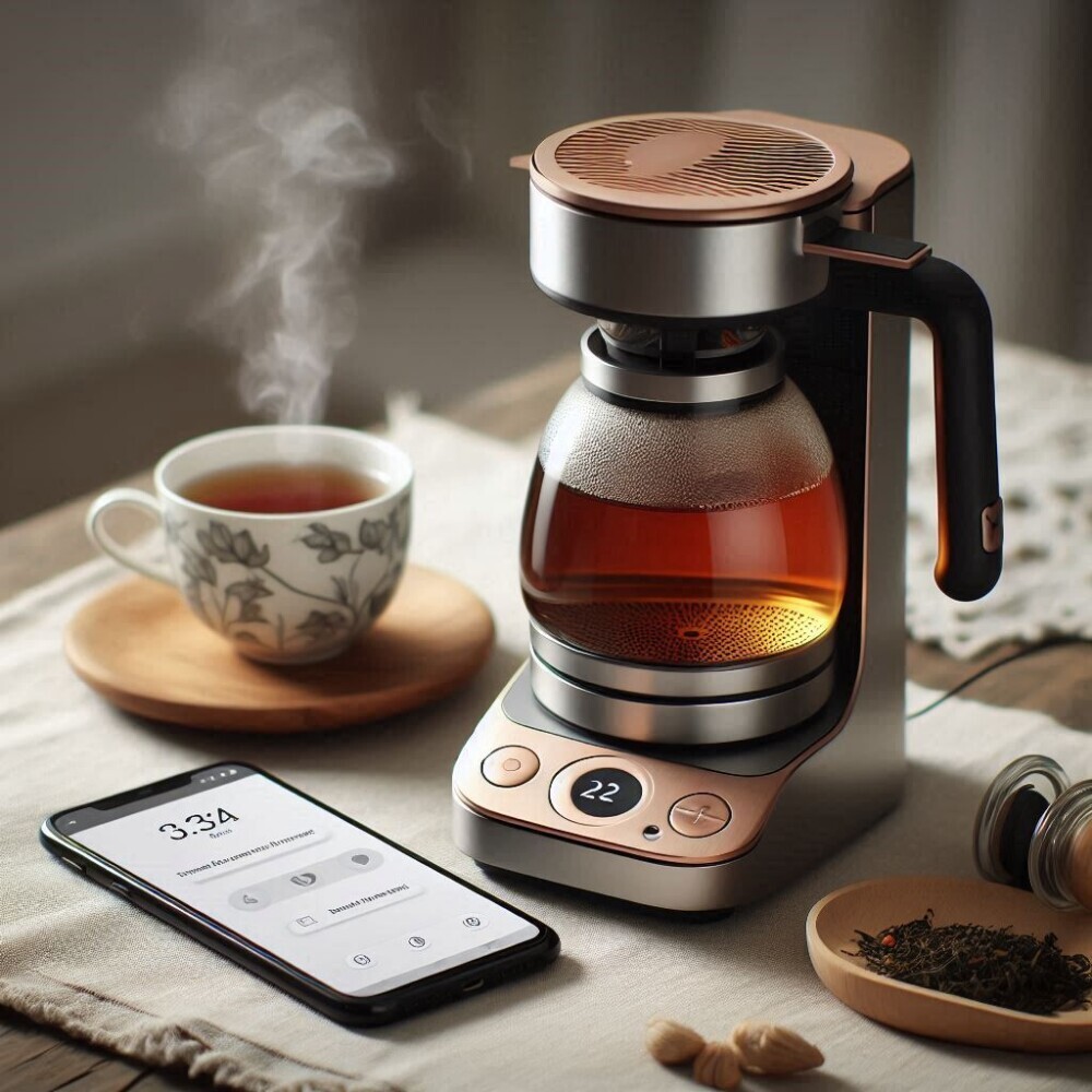smart tea brewer paired with a mobile next to a cup of tea