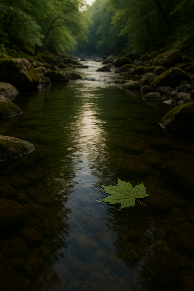 A green leaf floating on a calm river winding through moss-covered rocks, symbolizing Taoist wu wei and effortless flow.