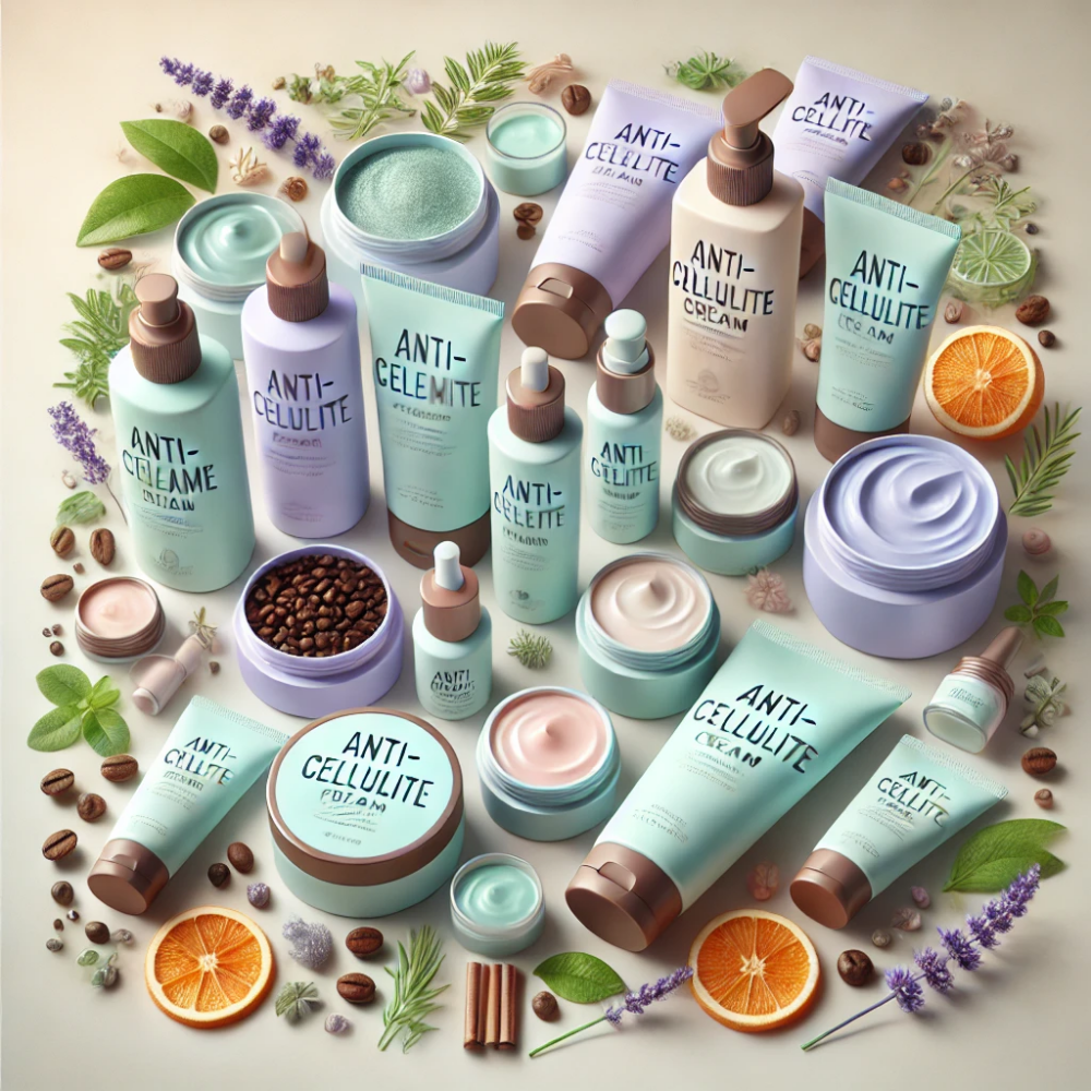 A detailed image showing a variety of anti-cellulite creams. Display multiple packaging styles such as tubes, jars, and pump bottles in a range