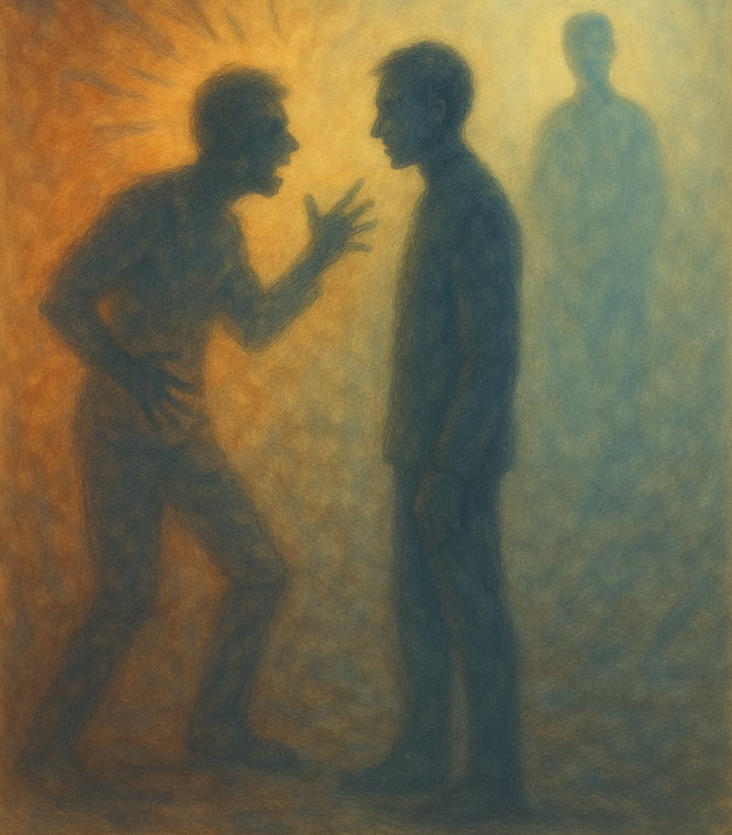 Two Silhouettes Arguing, One Calm Person Observing from Distance