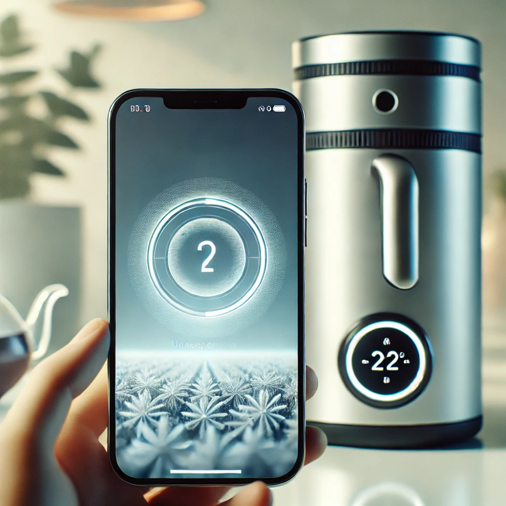 a modern smartphone with a slightly frosted or frozen screen, subtly hinting at an unresponsive app, with a sleek smart tea brewer in the background