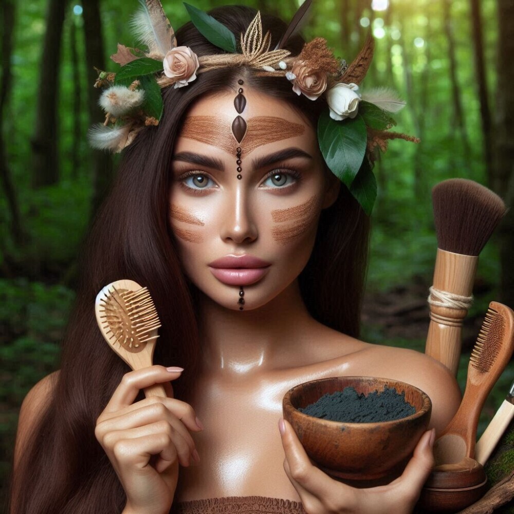 A beautiful Native American woman using herbal skincare in a forest,