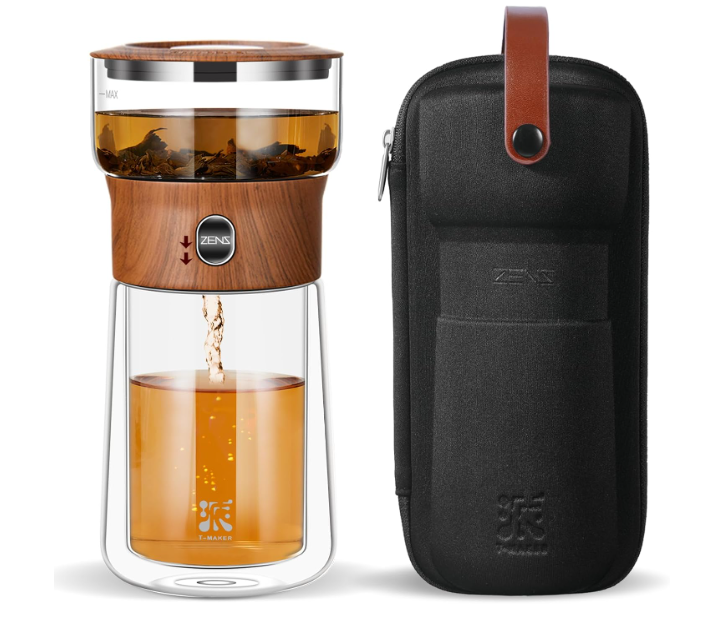  ZENS Modern Glass Infuser Teapot, Smart One Touch Tea Maker for Loose Tea Diffusers with Insulated Mug and Portable Tea Kits