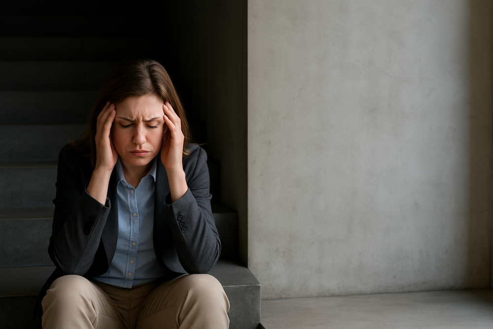 a stressed out person sitting on the stairs