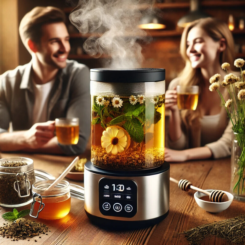 A modern smart tea brewer on a wooden table, actively brewing herbal tea