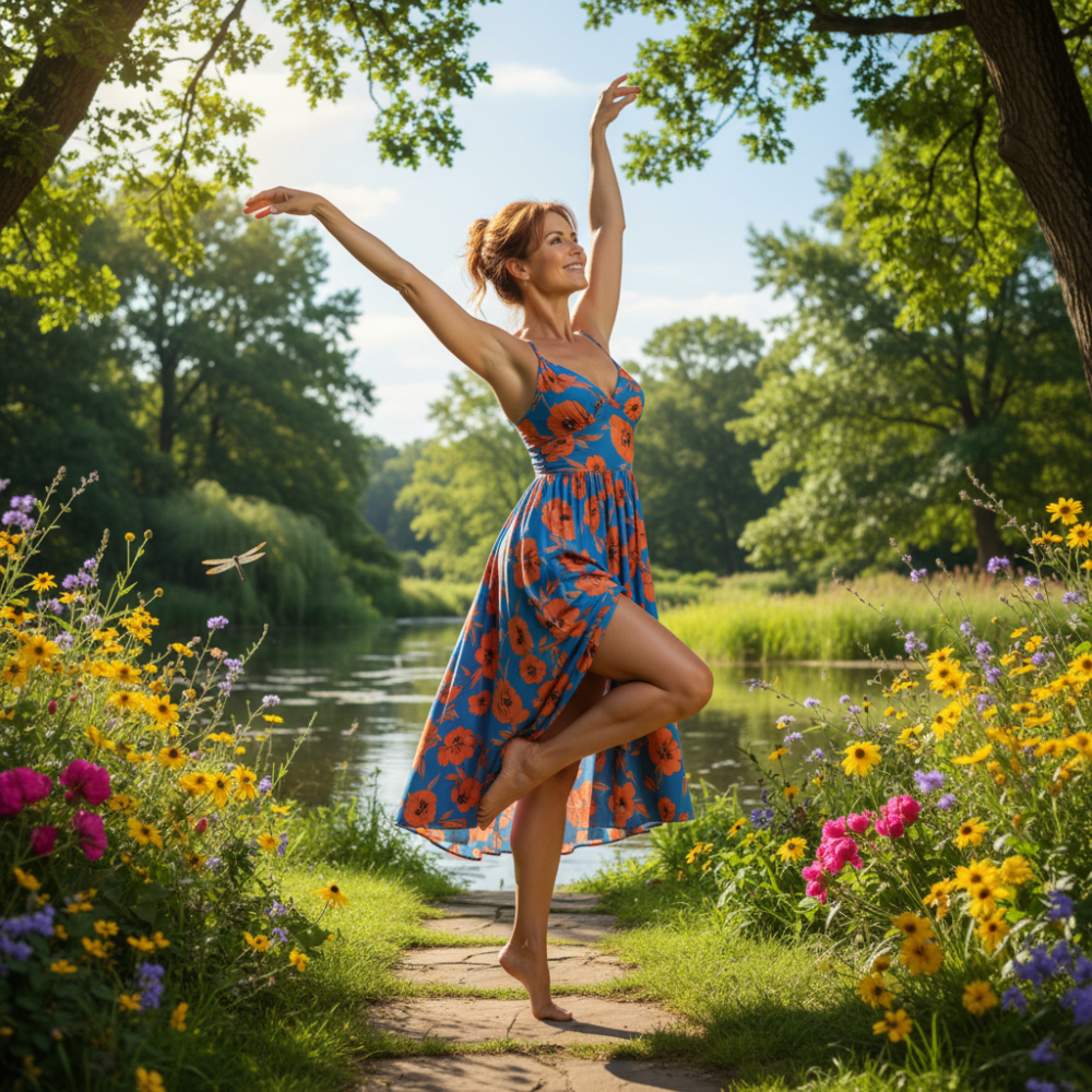 a smiling, confident woman in midlife enjoying daily activities.