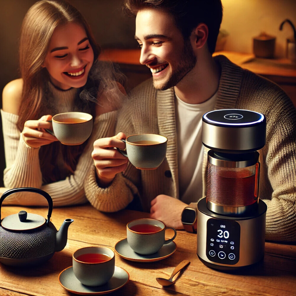 a couple enjoying tea with both a smart and traditional brewer on the table.