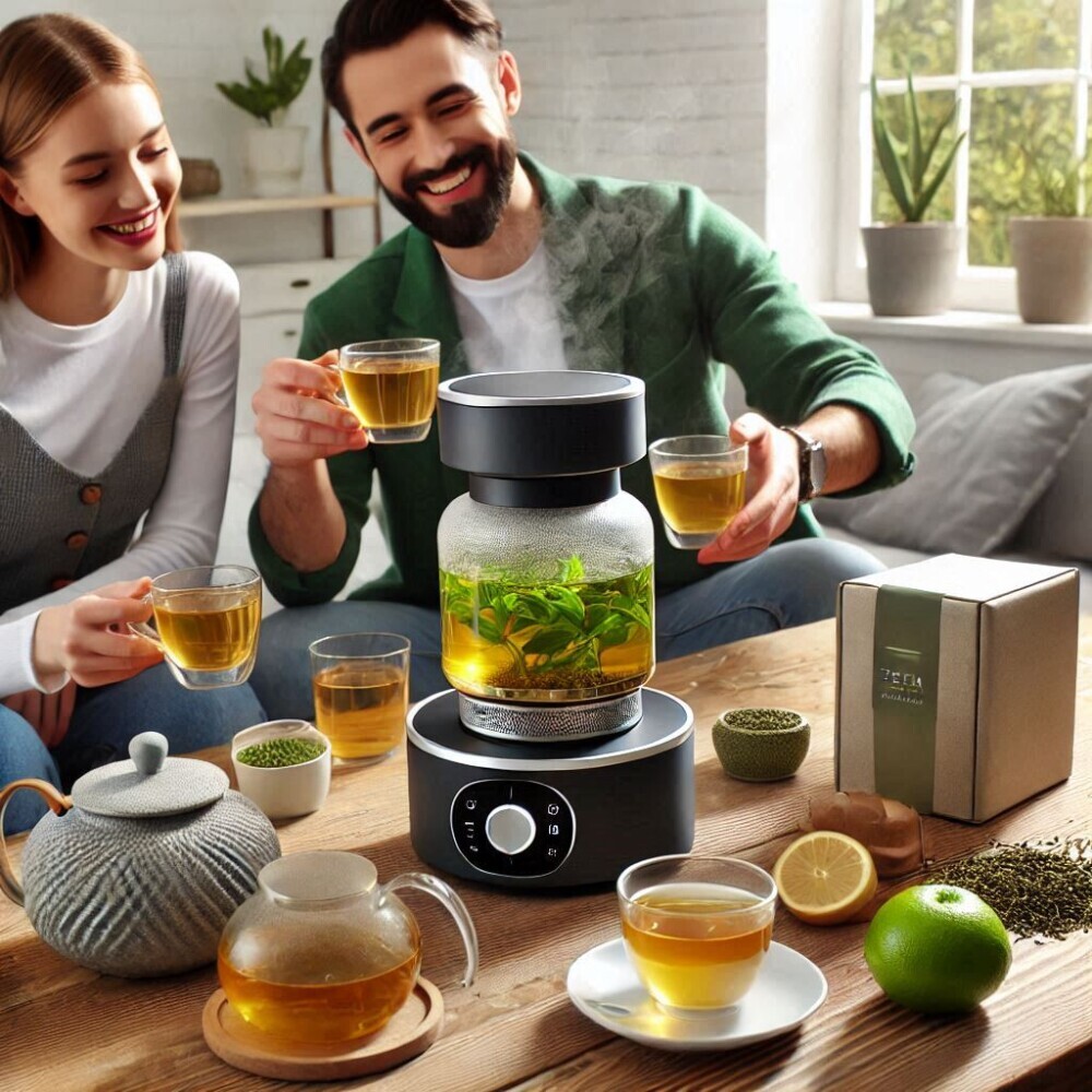 people enjoying drinking green tea with a smart tea brewer on the table
