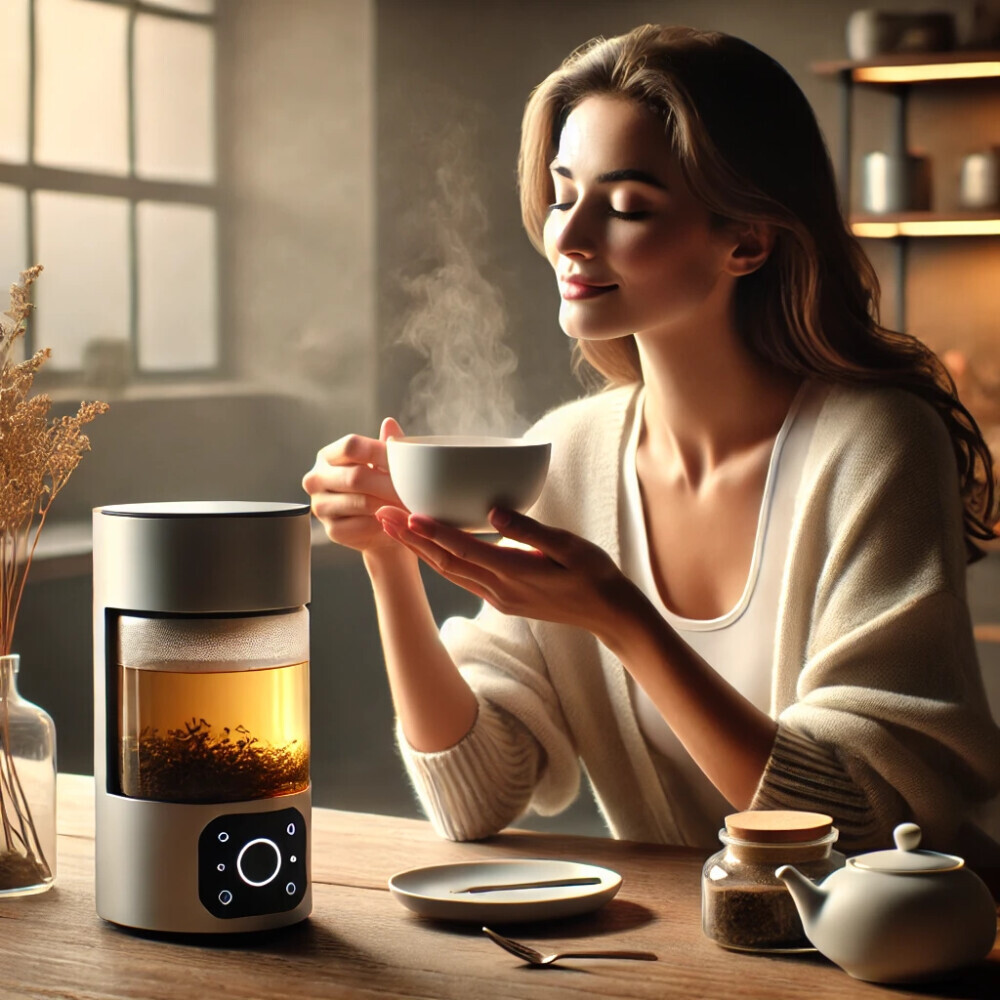 A serene and inspiring scene of a tea lover enjoying a perfectly brewed cup of tea using a smart tea brewer