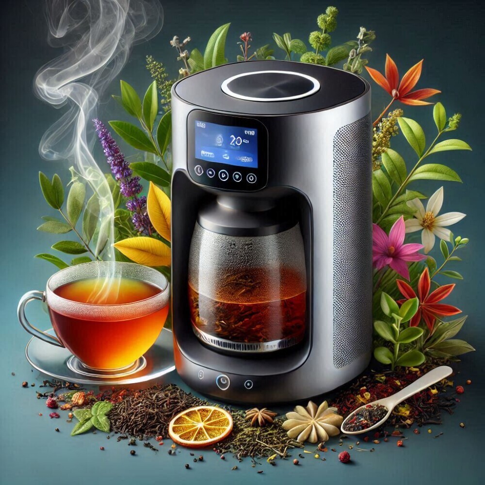 smart tea brewer, a cup of tea, flowers