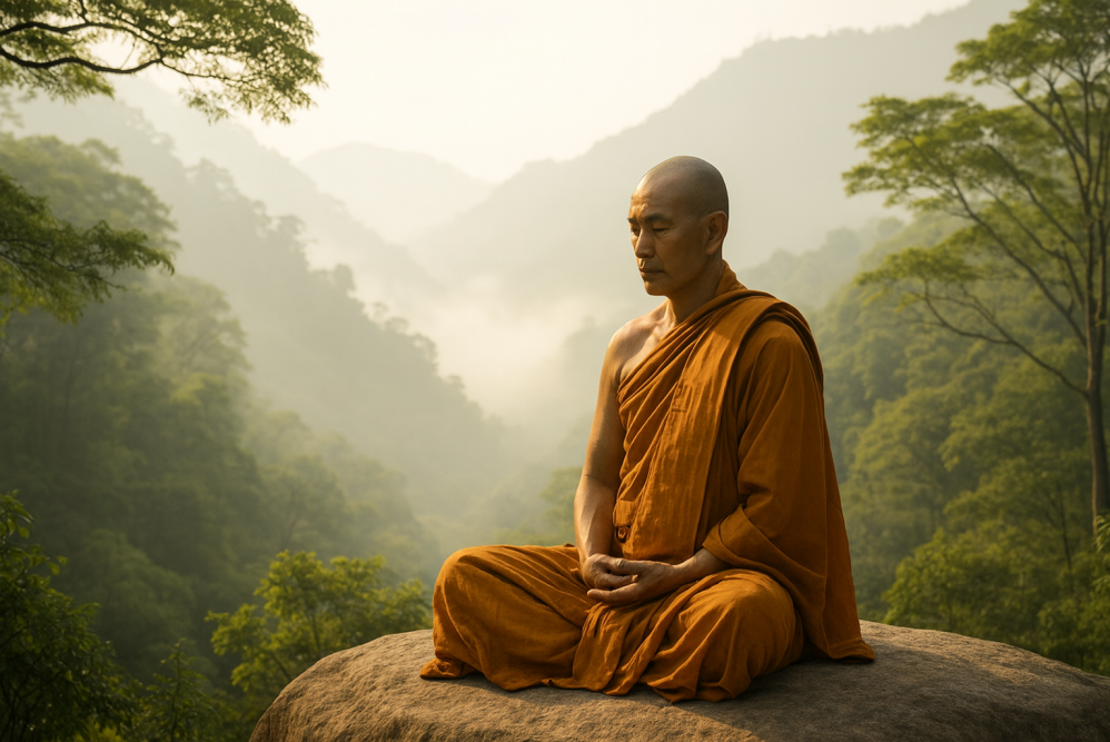 a Buddhist monk practicing Vipassana mindfulness meditation 