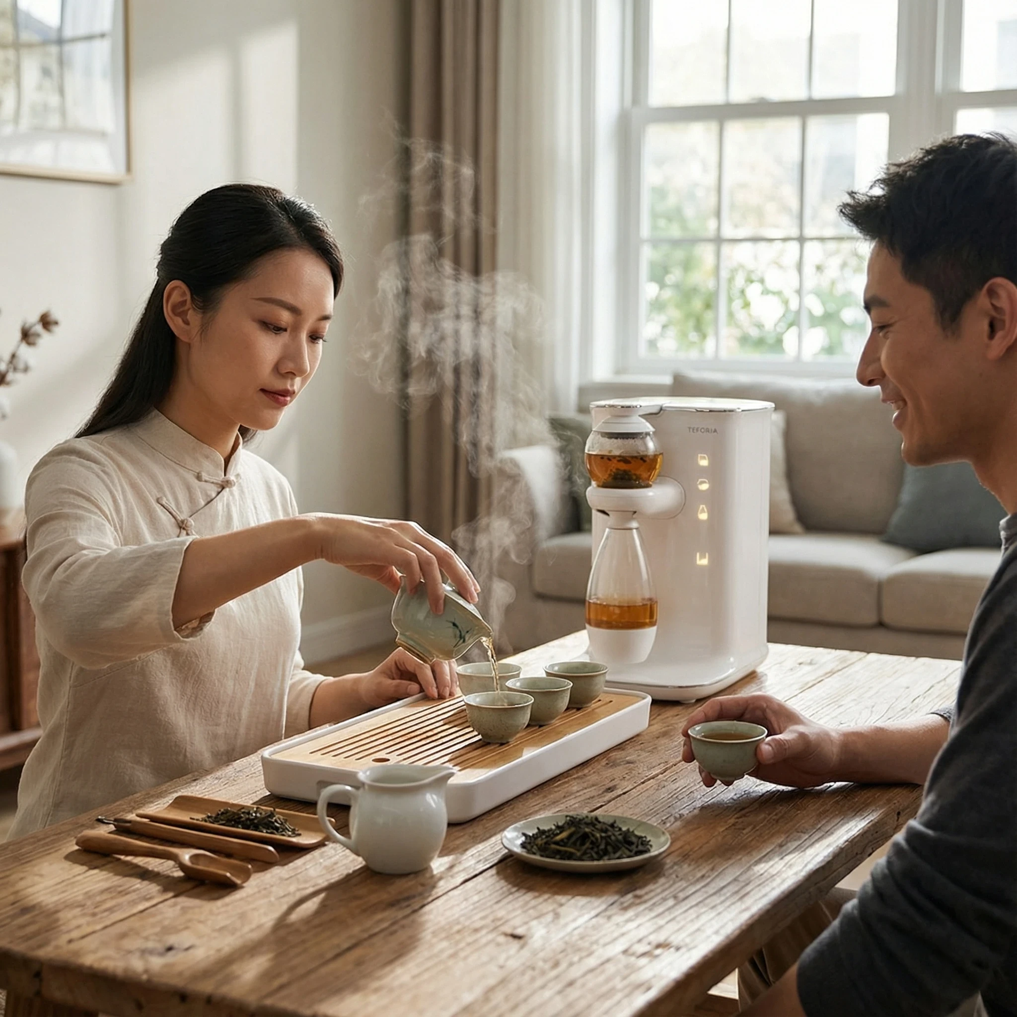 a couple during gongfu session with tea brewed by teforia