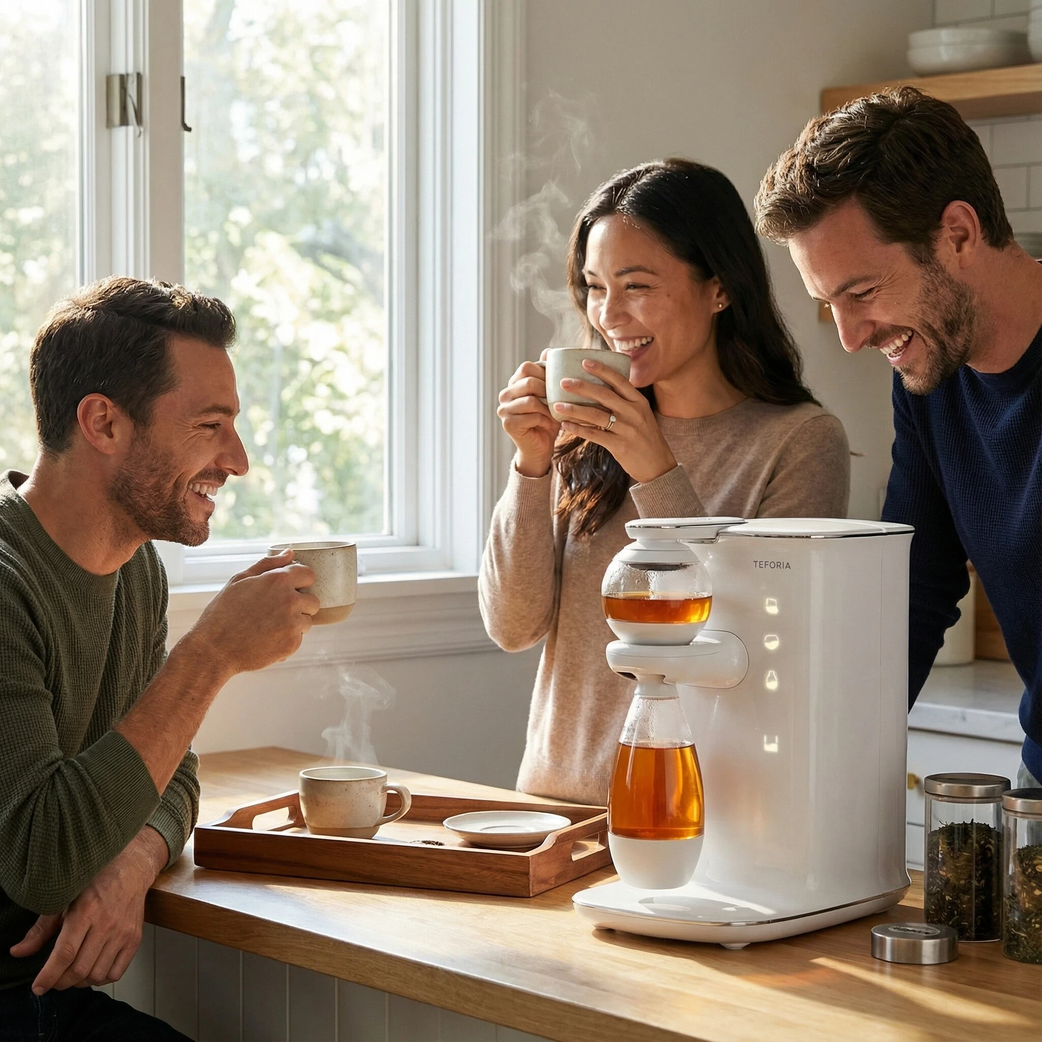 teforia and people drinking tea brewed by teforia