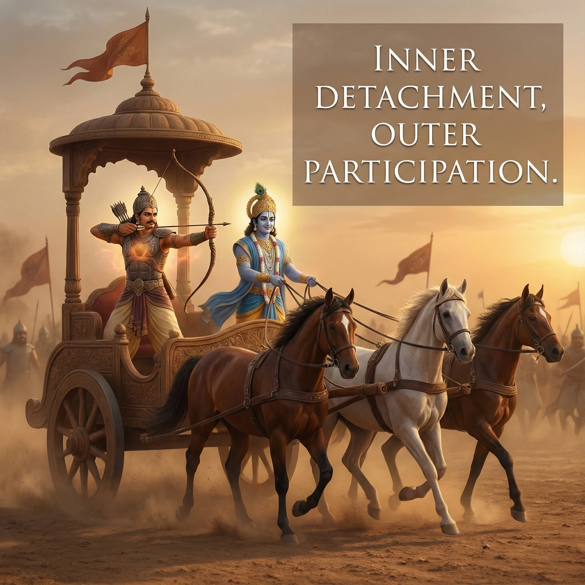 Illustration of Krishna calmly guiding Arjuna’s chariot on the battlefield, symbolizing ‘detachment without avoidance’—acting fully in life while staying rooted in inner witnessing awareness.