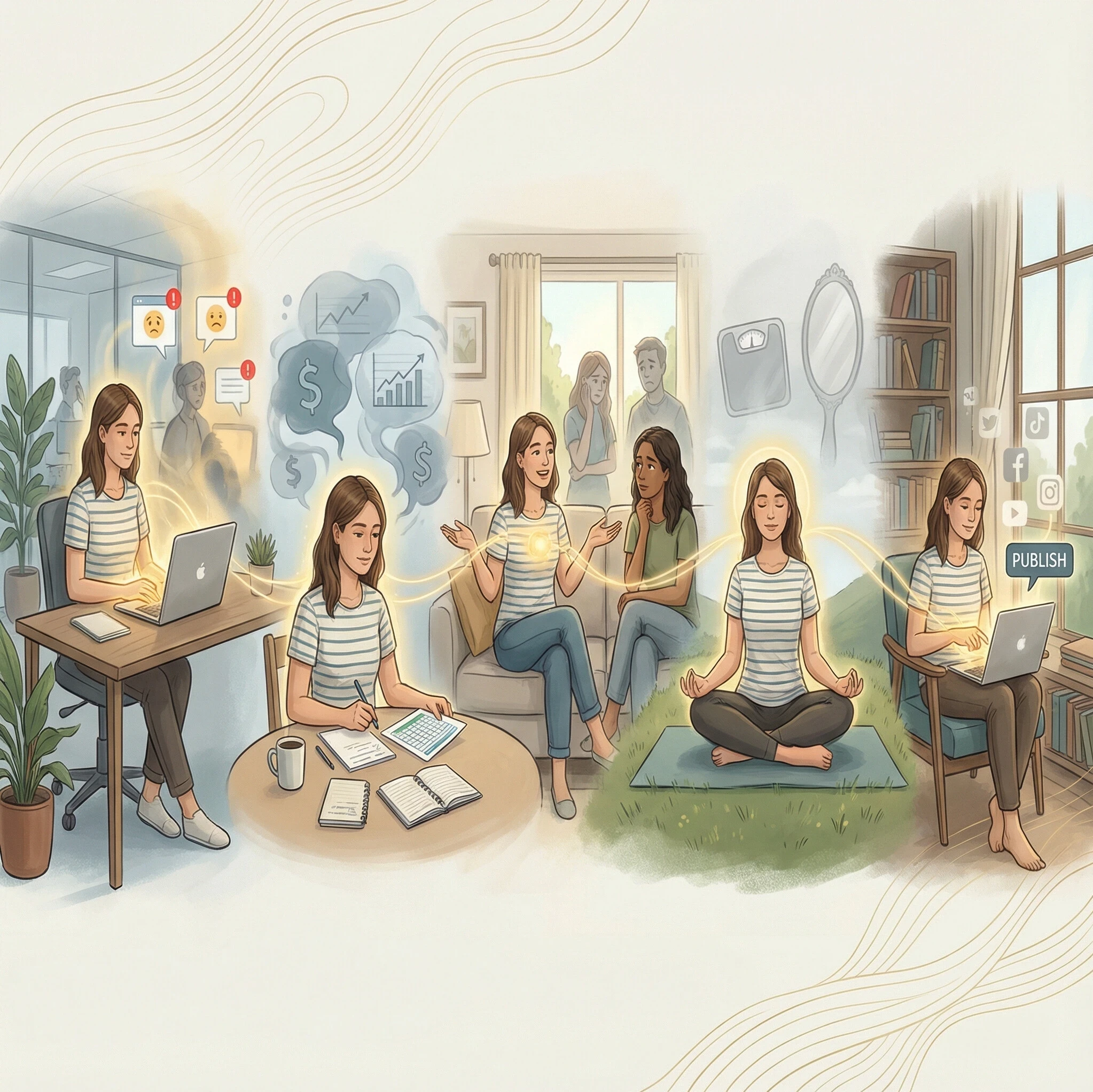 Illustration of one calm person practicing Karma Yoga in everyday life, staying peaceful while working, managing money, relating with others, caring for health, and creating art without attachment to results.