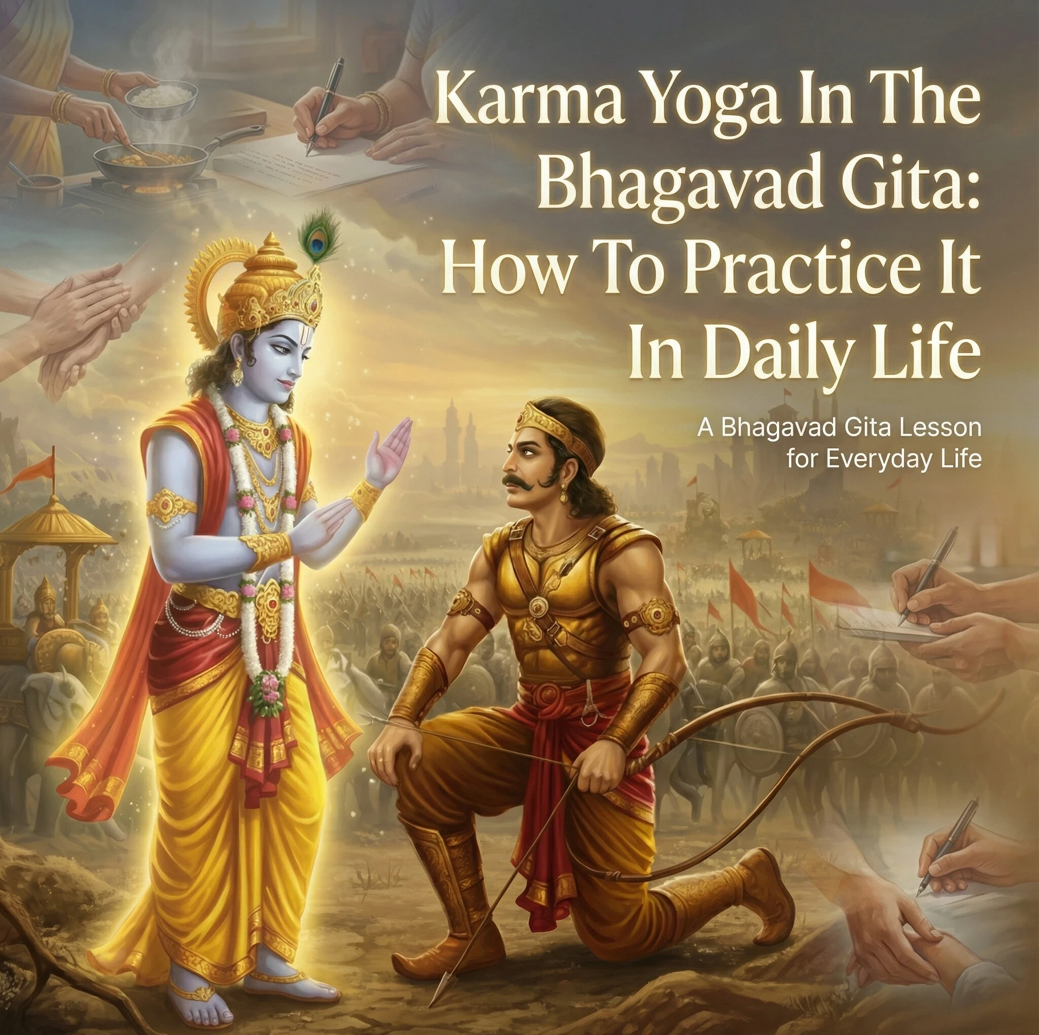 A scene from Bhagavad Gita showing Krishna instructing Arjuna about Karma Yoga