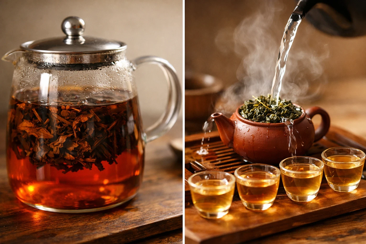 Side‑by‑side comparison of Western long‑steep tea in a glass pot and fast gongfu infusions from a small clay teapot into four cups.