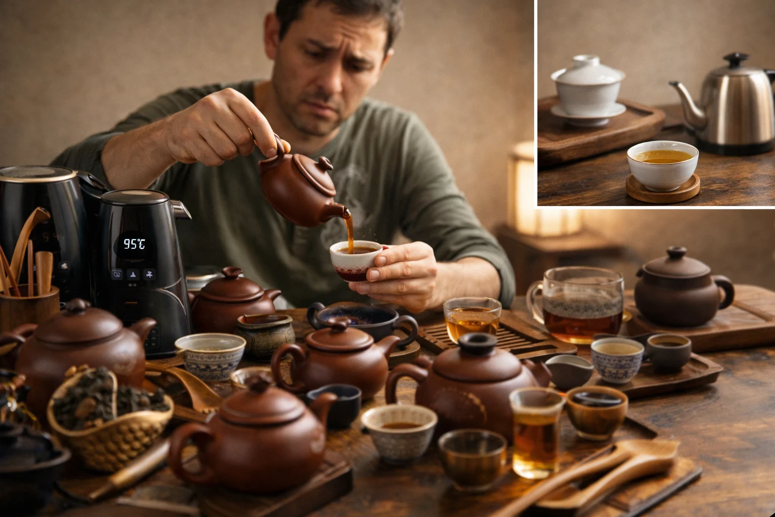 Gongfu tea drinker surrounded by many clay teapots and high‑tech kettles, contrasted with a simple gaiwan and kettle brewing a clean cup of tea.