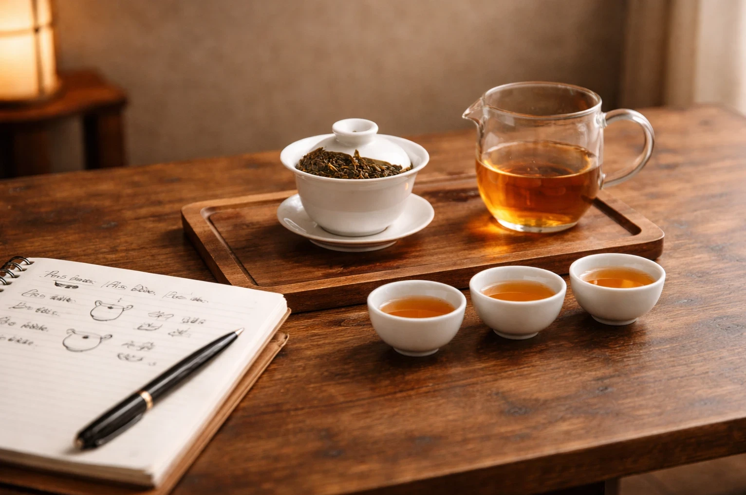 Gongfu tea practice session with a single gaiwan, row of changing infusions, and a notebook for tracking small brewing adjustments