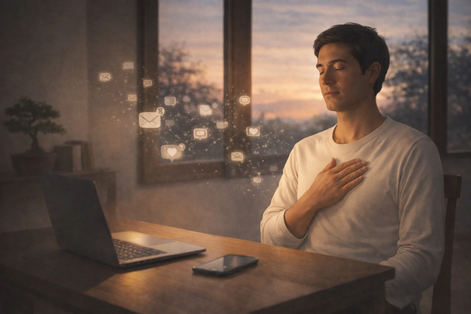 Zen-inspired minimalist illustration of a calm person sitting at a simple wooden desk with a softly glowing laptop and phone, gently turning inward in meditation as digital notifications fade away into the warm dusk light.