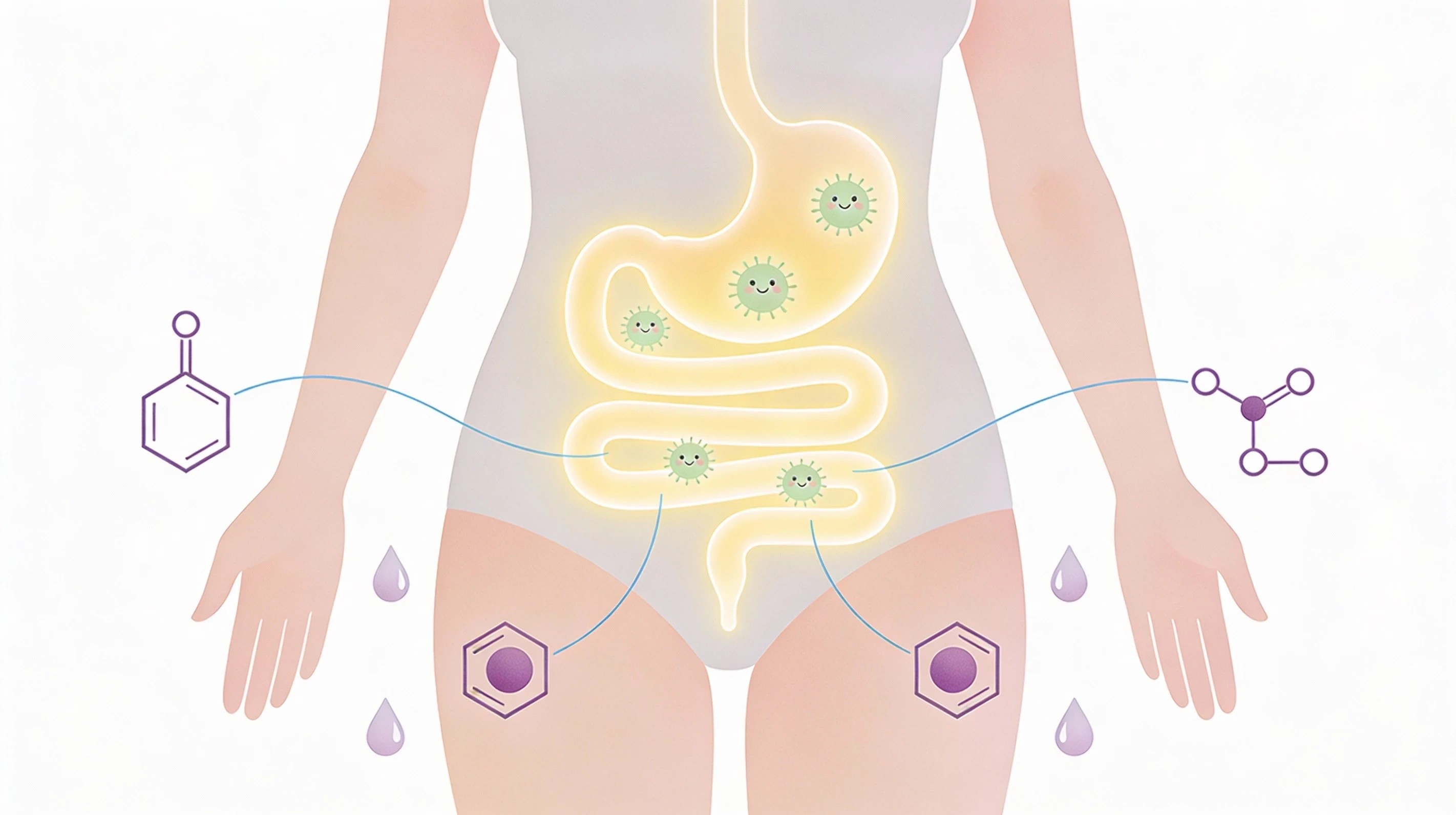 Illustration of a woman’s silhouette with a glowing gut area connected by subtle lines to hormone symbols around the hips and thighs, representing the link between gut health, hormone balance, and cellulite.