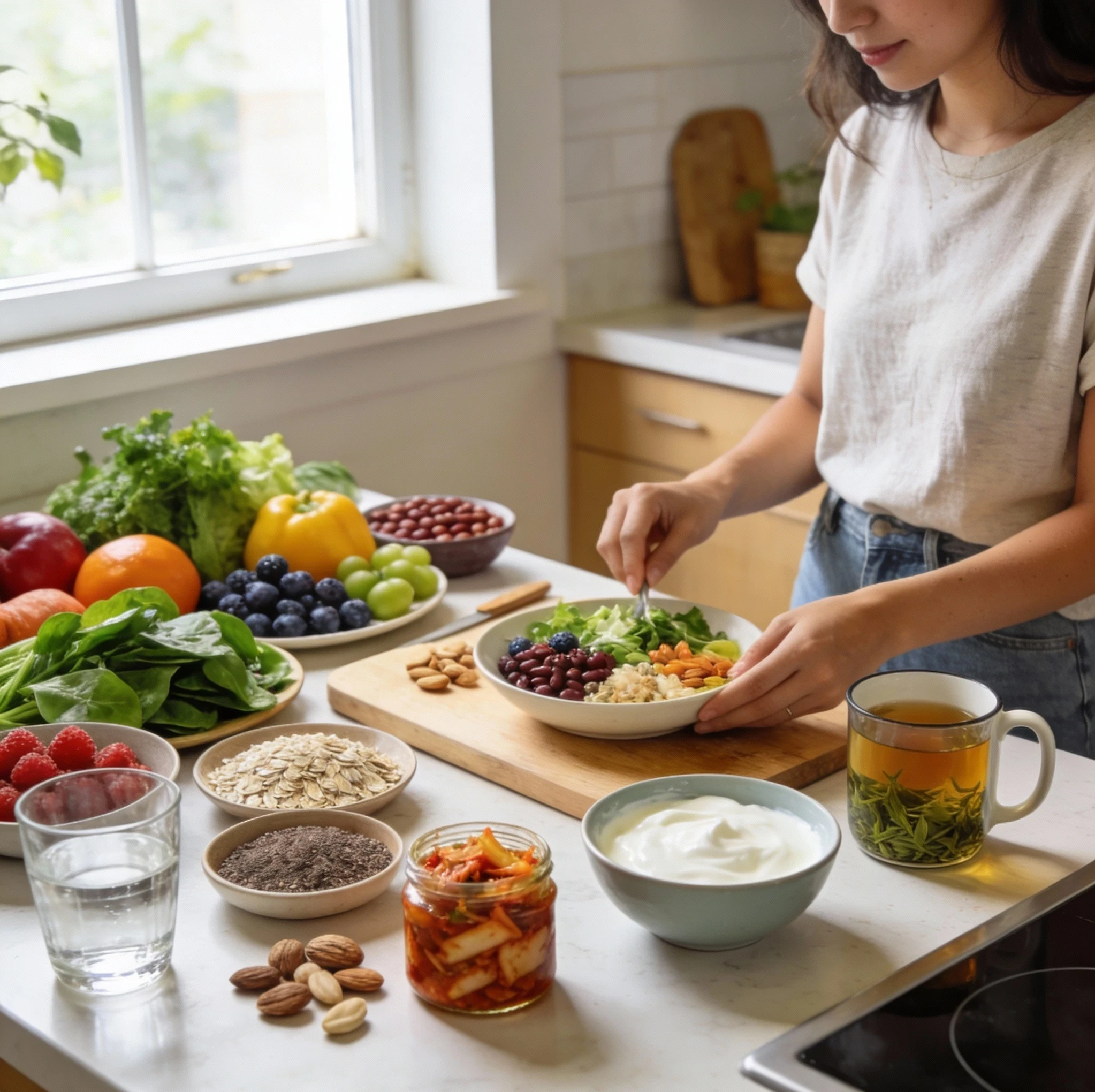 Illustration of a woman in a bright kitchen preparing a gut-supportive meal with colorful vegetables, berries, leafy greens, beans, oats, nuts, yogurt, kefir, and fermented foods on the counter, plus water and herbal tea