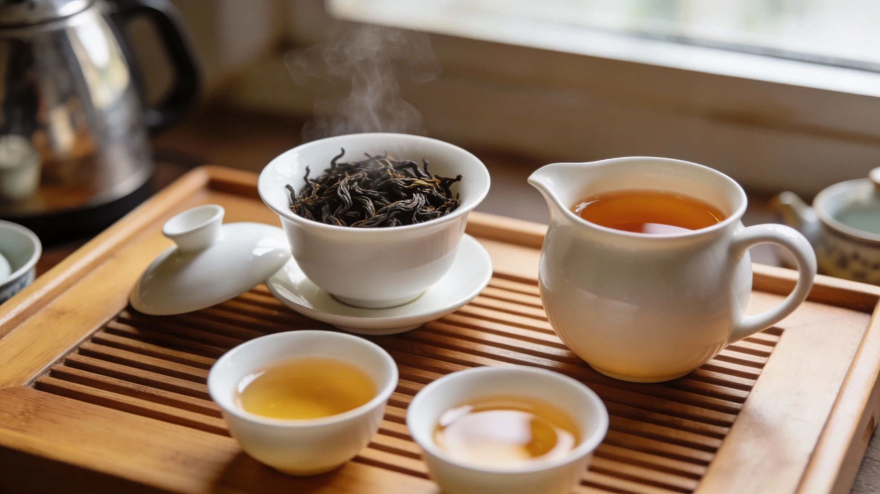 Gongfu brewing setup for Wuyi Yancha with white porcelain gaiwan, fairness pitcher, and small cups on a wooden tea tray, filled with steaming amber rock oolong tea.