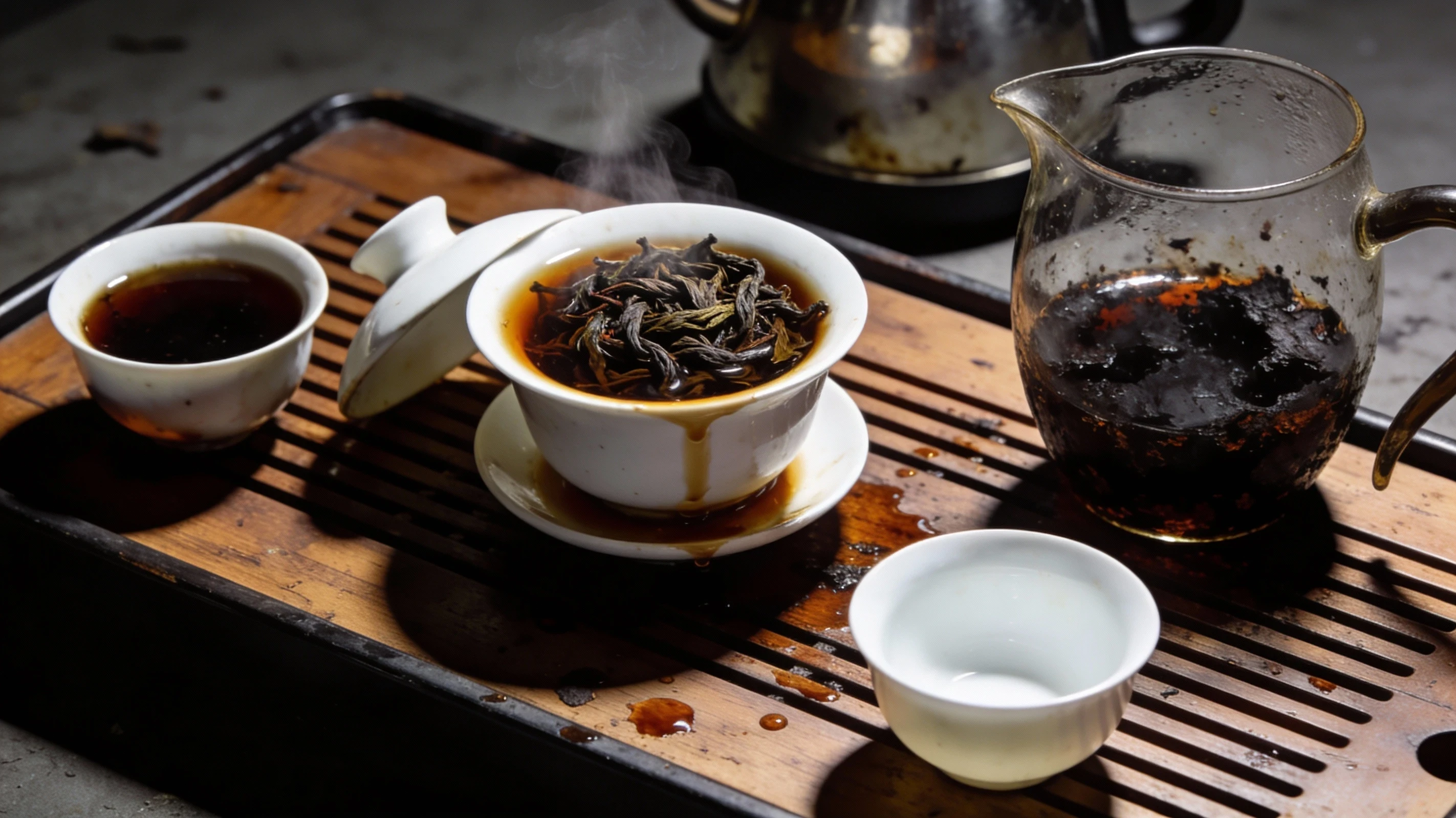 Oversteeped Wuyi Yancha gongfu session with an overflowing gaiwan, very dark amber tea in the pitcher, unevenly filled cups, cramped wet leaves, and tea splashes on the wooden tray showing common brewing mistakes.