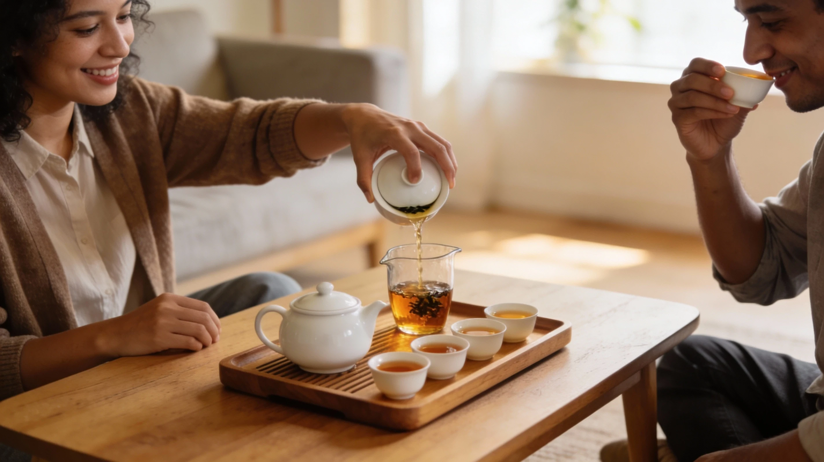 Two friends enjoying a relaxed gongfu Wuyi Yancha session at a low wooden tea table, with a white porcelain gaiwan, fairness pitcher, and small cups on a wooden tray, sharing steaming amber rock oolong tea in warm natural light.