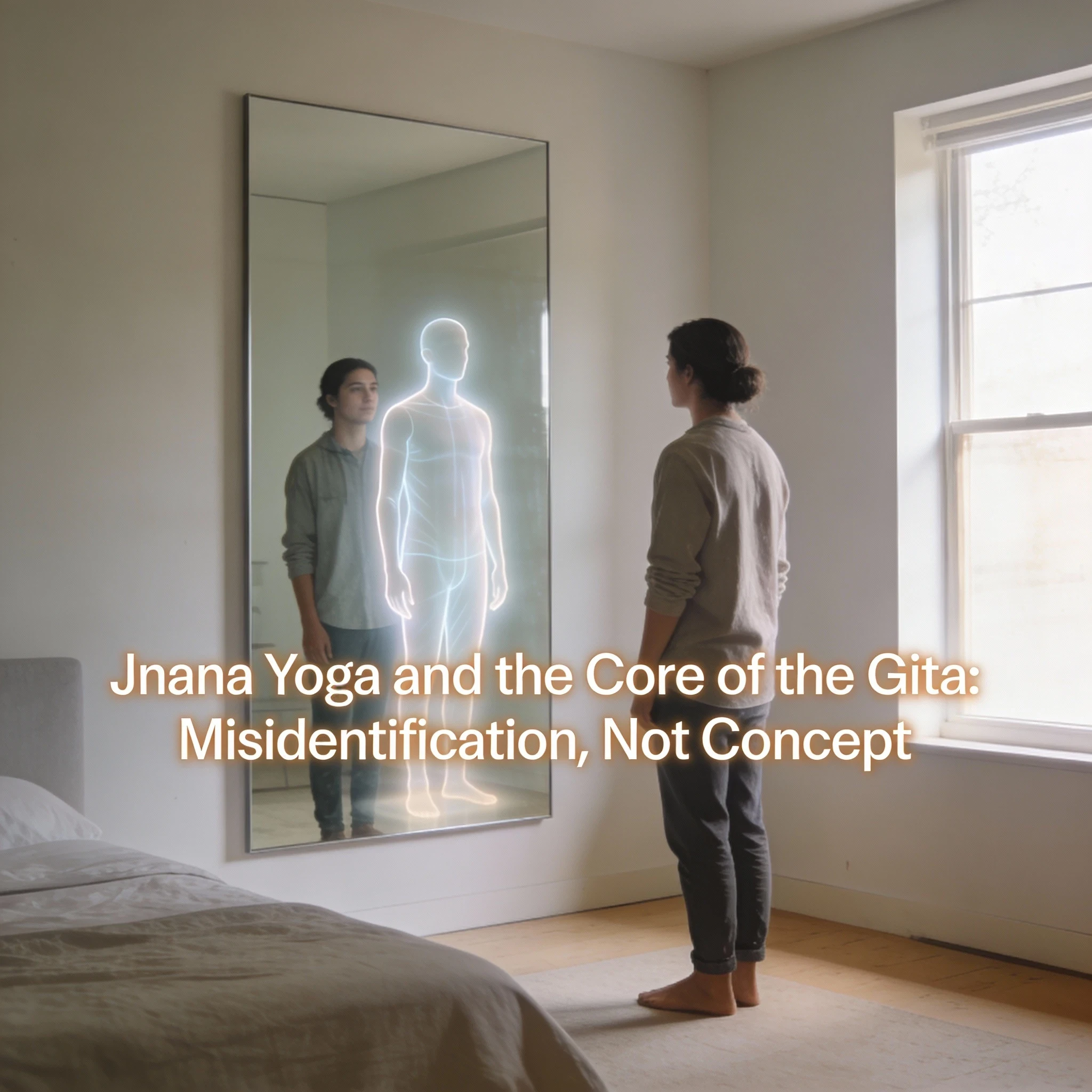 Person in everyday clothes calmly gazing into a mirror, with a subtle glow around their reflection to symbolize Jnana Yoga’s insight that we are not just the body or the mind
