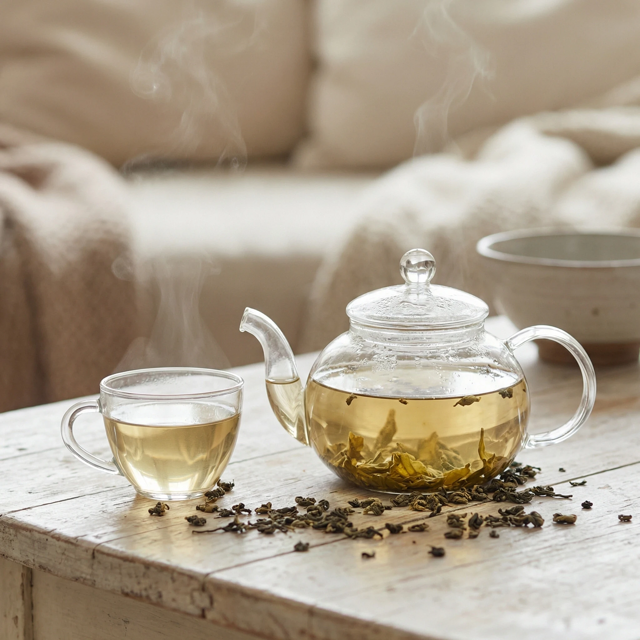 Glass teapot and cup with pale golden white tea on wooden surface