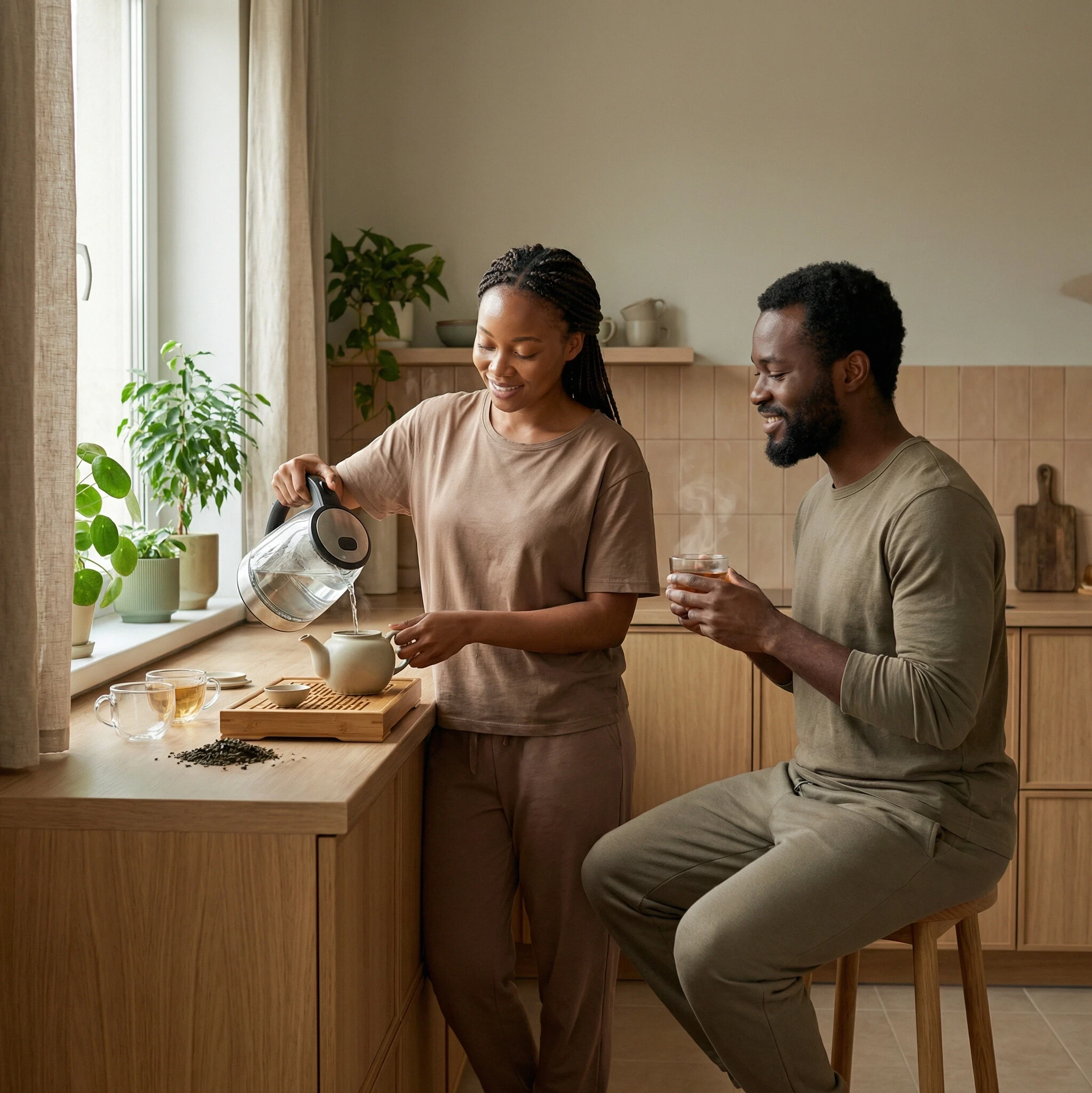 Couple brewing tea together in bright kitchen for wellness and relaxation