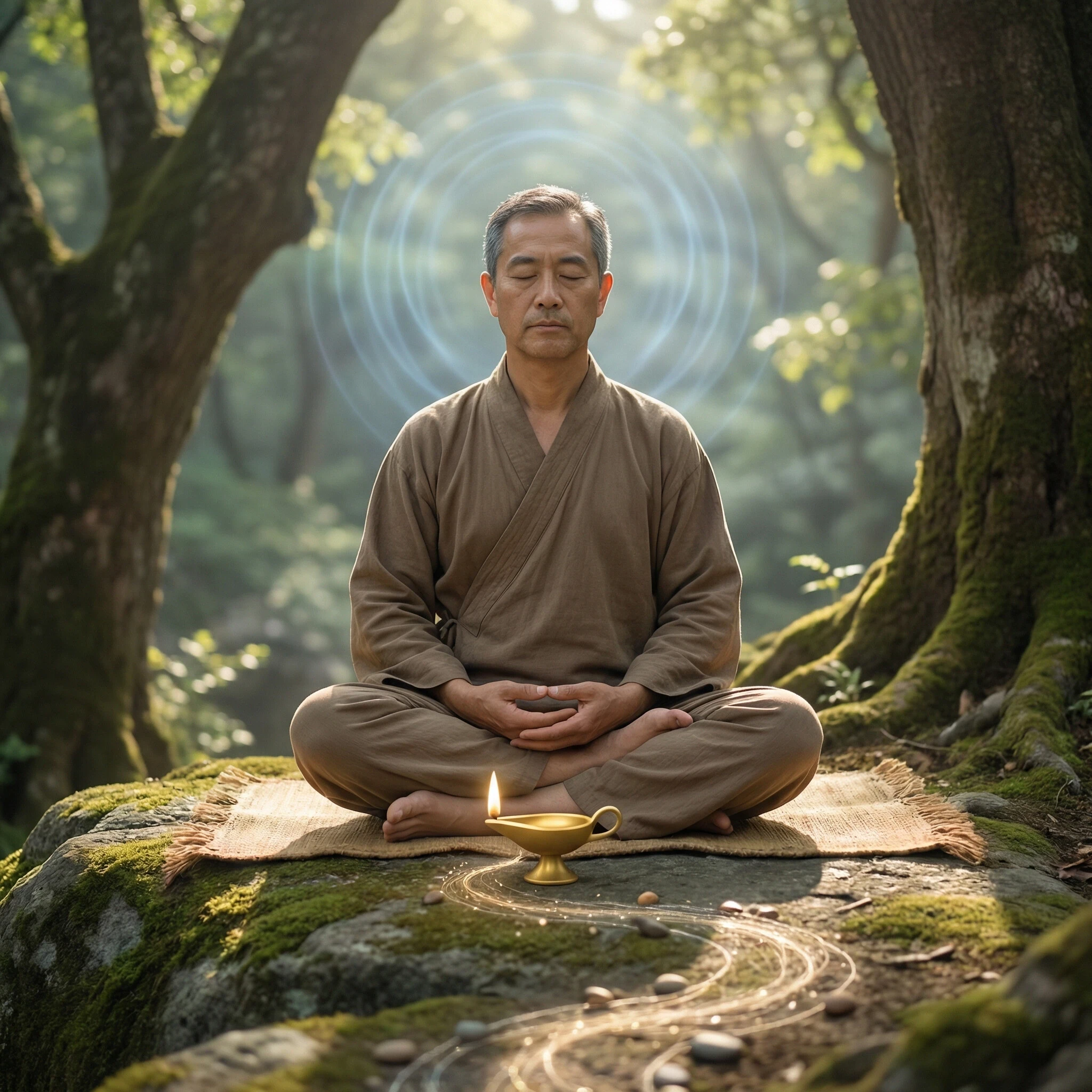 Meditation practitioner illustration showing Dhyana Yoga from the Bhagavad Gita with calm, steady posture and subtle visual elements symbolizing mental restraint, inner stillness, and the path to a steady mind.