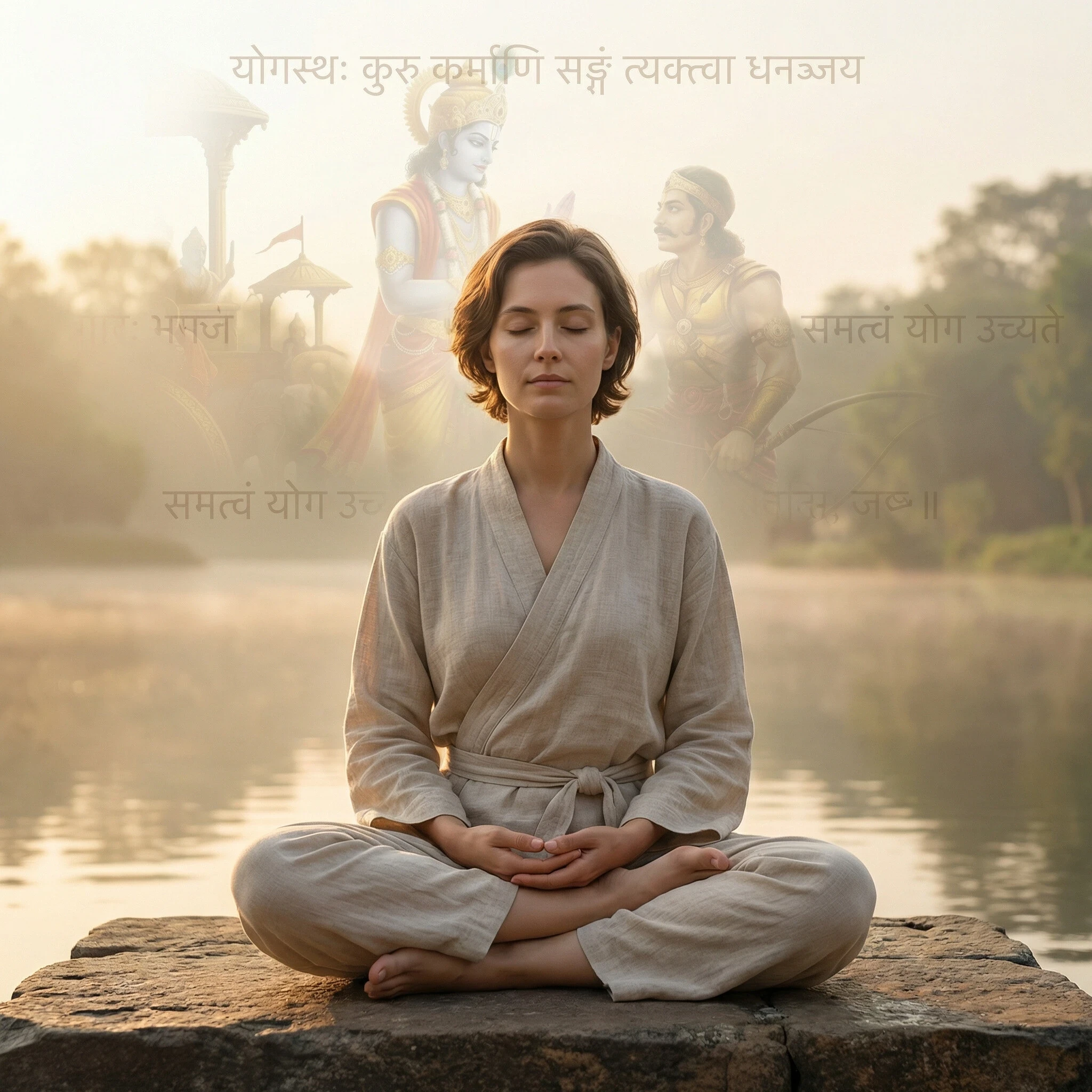 Person meditating in traditional seated posture with straight spine, subtle Krishna and Arjuna chariot silhouette and Sanskrit verse patterns in background, representing Dhyana Yoga and the steady mind taught in the Bhagavad Gita.