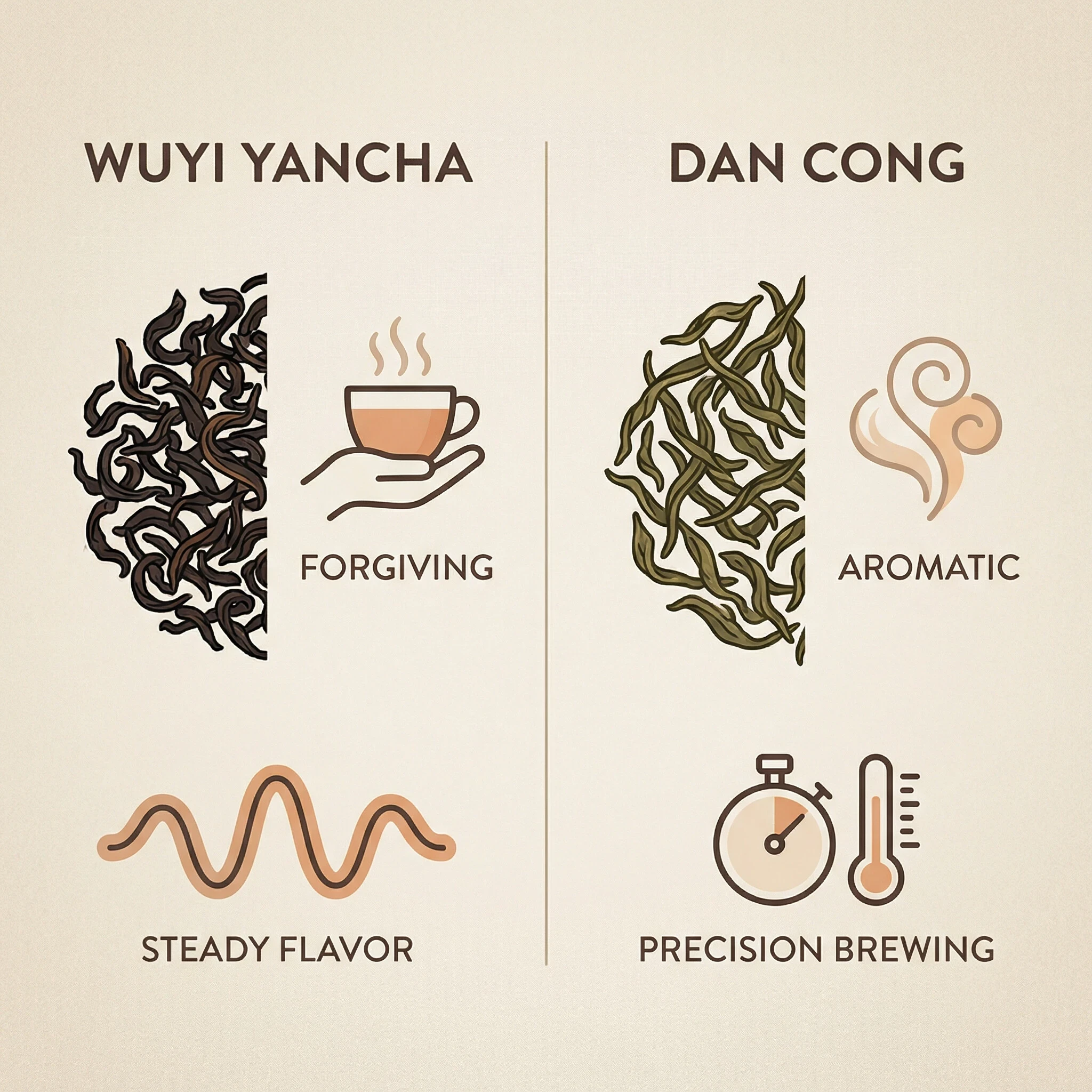 Wuyi Yancha vs Dan Cong Oolong comparison showing forgiving steady flavor versus aromatic precision brewing