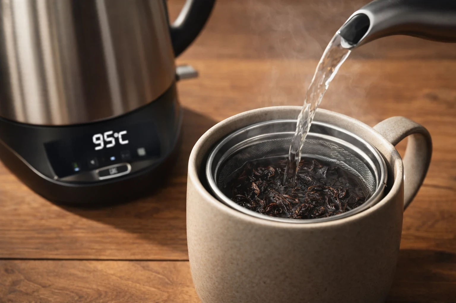 Electric kettle at 95°C pouring hot water over Wuyi Rock Oolong tea in ceramic mug with infuser basket