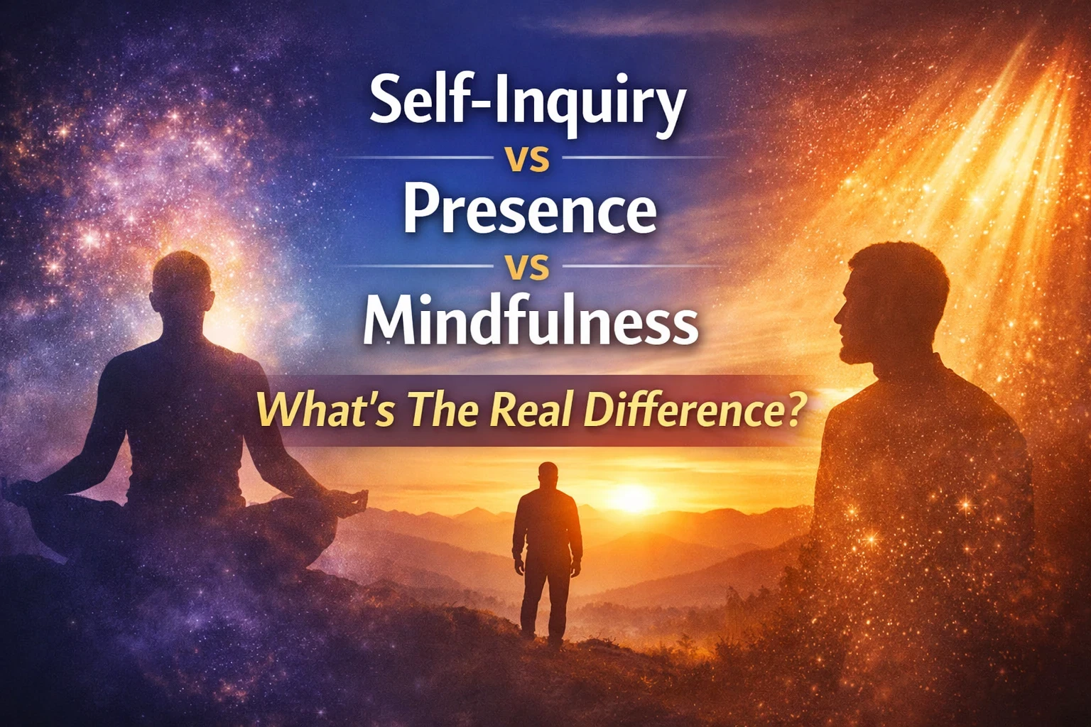Self-inquiry vs presence vs mindfulness comparison showing meditation silhouettes against cosmic purple and golden sunset background