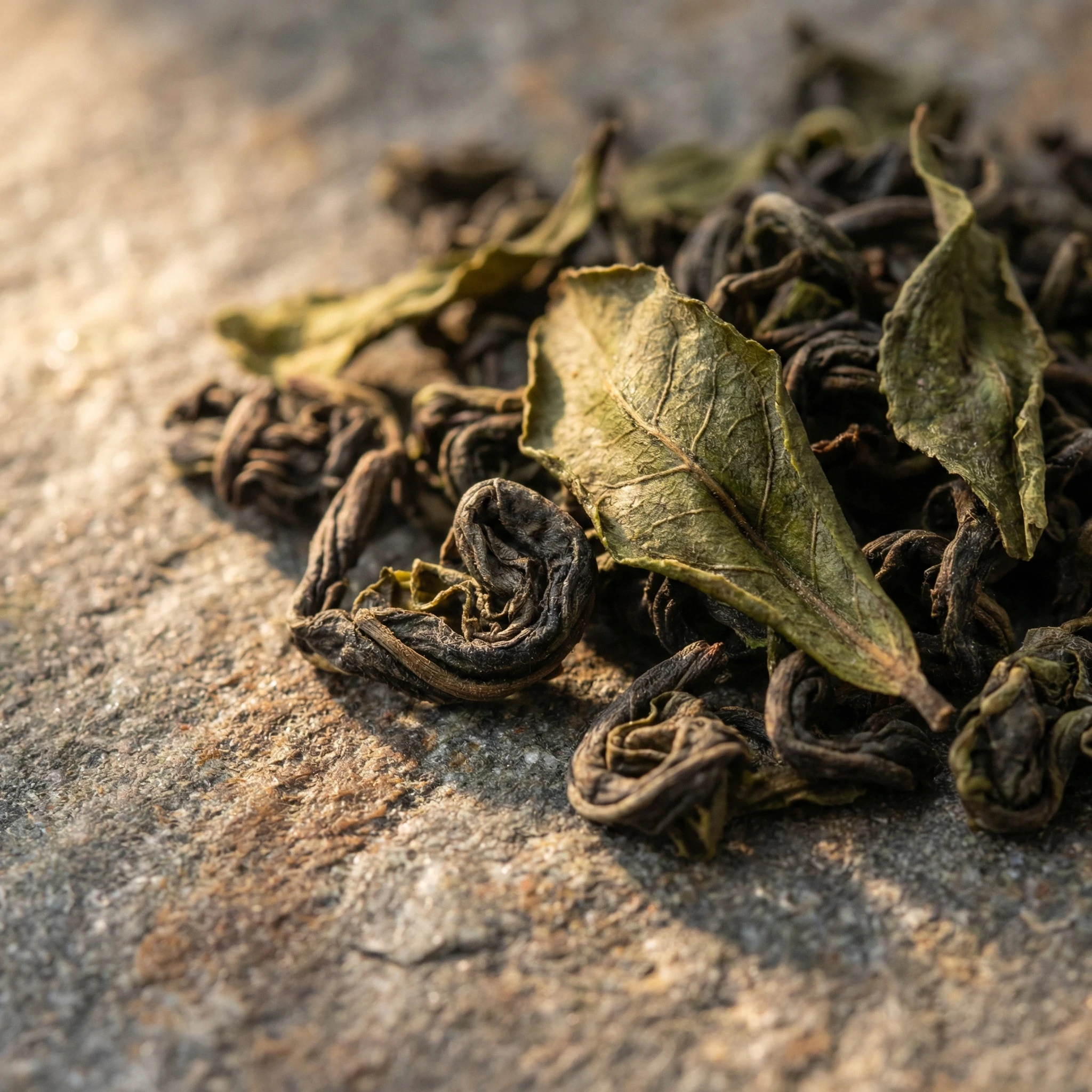thick twisted Wuyi rock oolong tea leaves on stone surface showing dense leaf structure