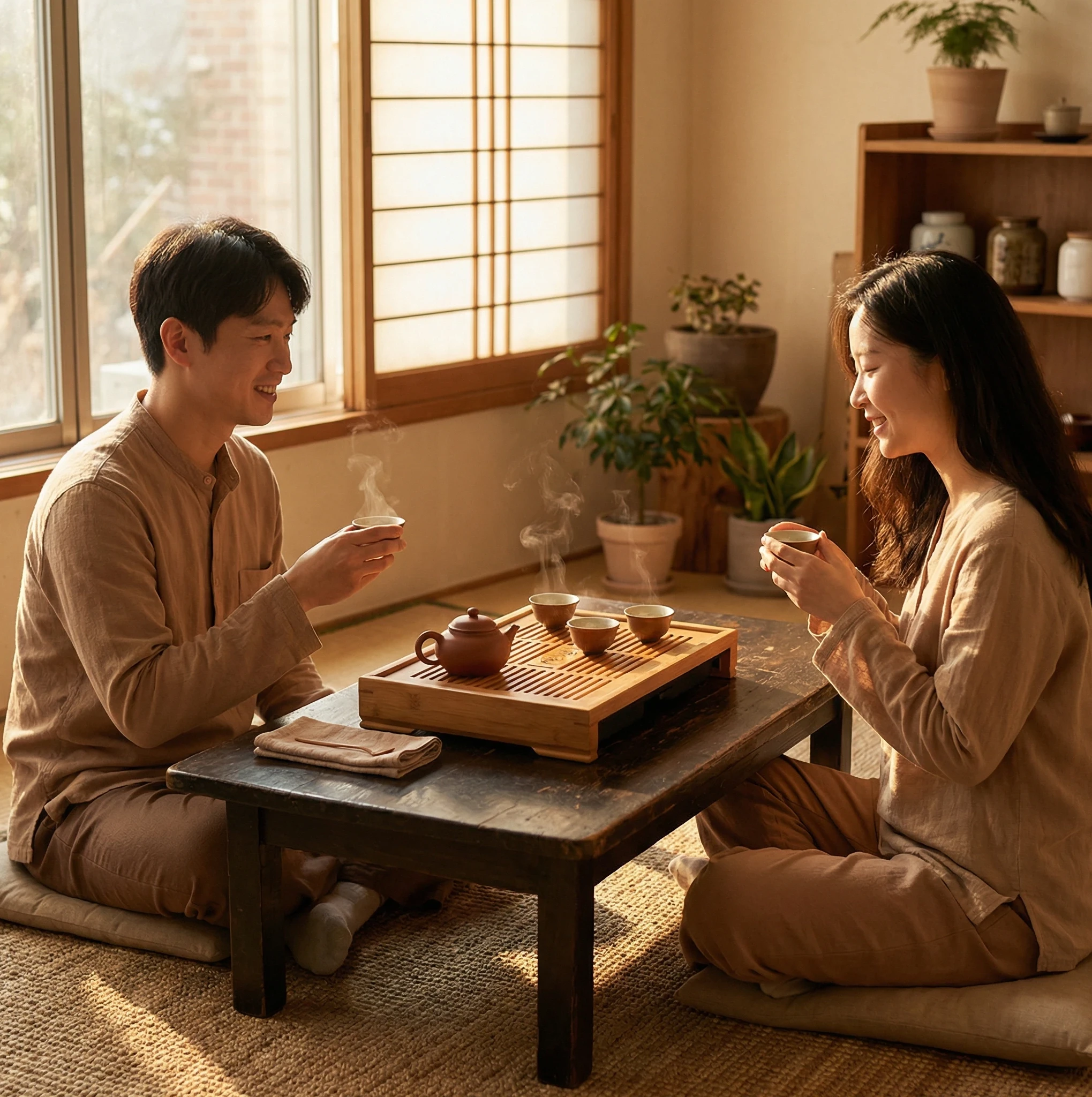 two people enjoying a gongfu cha session with Wuyi rock oolong tea