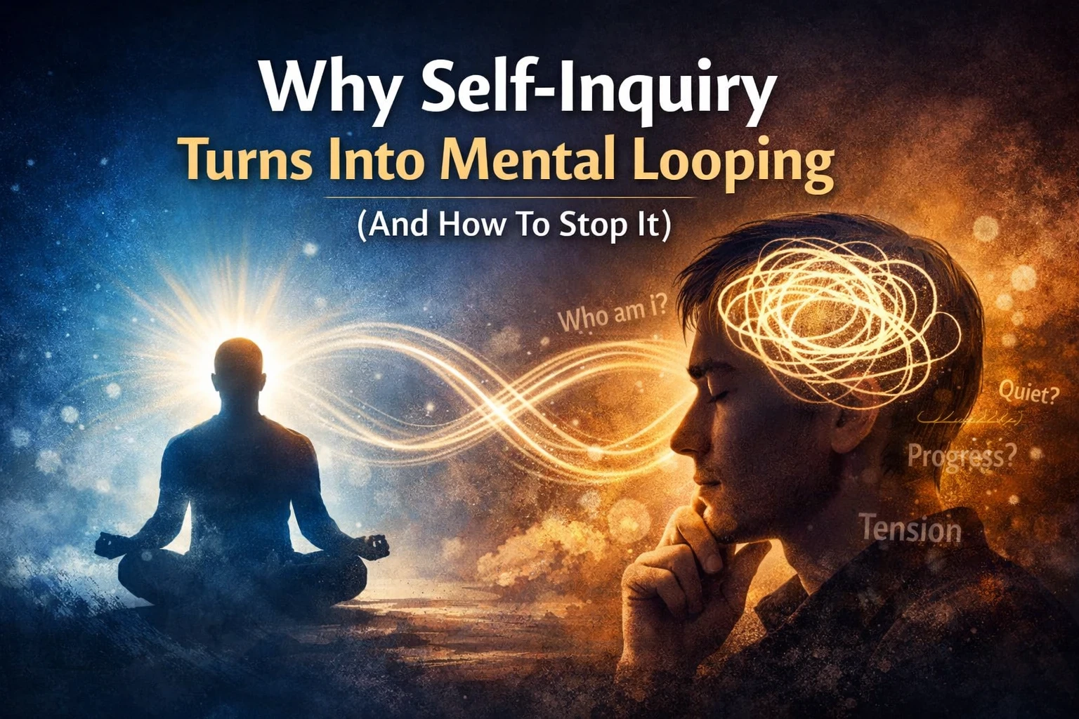 A meditating figure with a glowing infinity loop around the head, surrounded by swirling thoughts labeled 