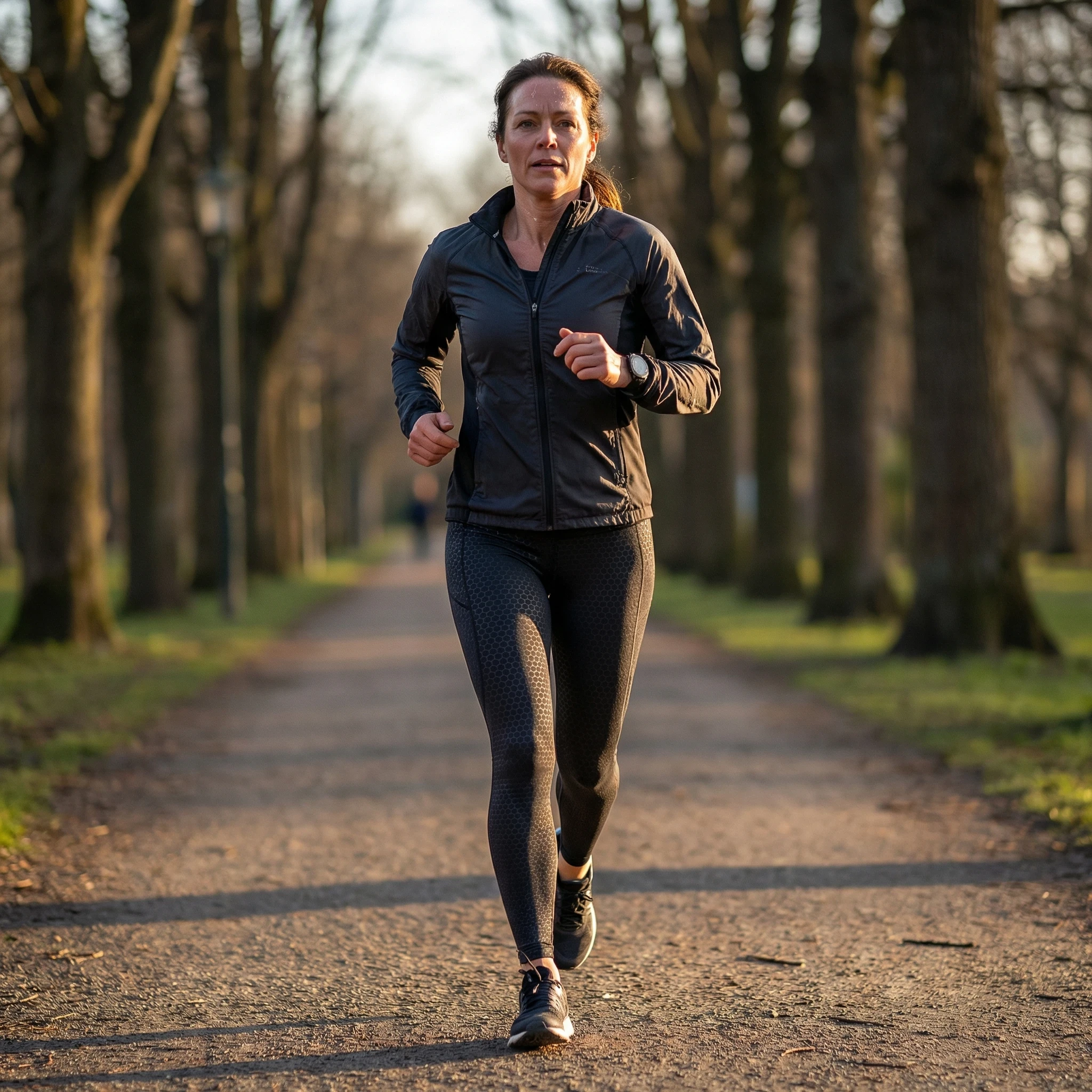 Woman jogging on a tree-lined path wearing compression workout leggings and jacket