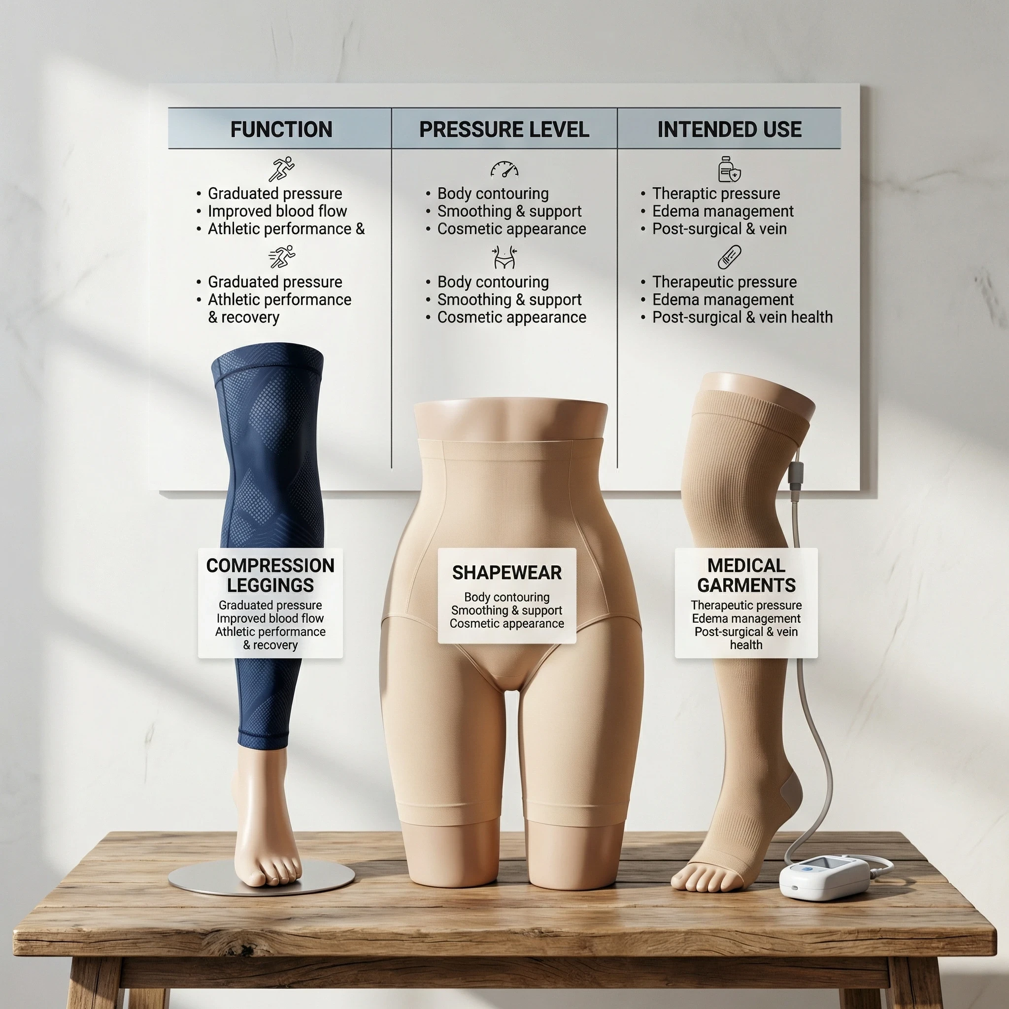 Infographic comparing compression leggings, shapewear, and medical garments with their key benefits and uses