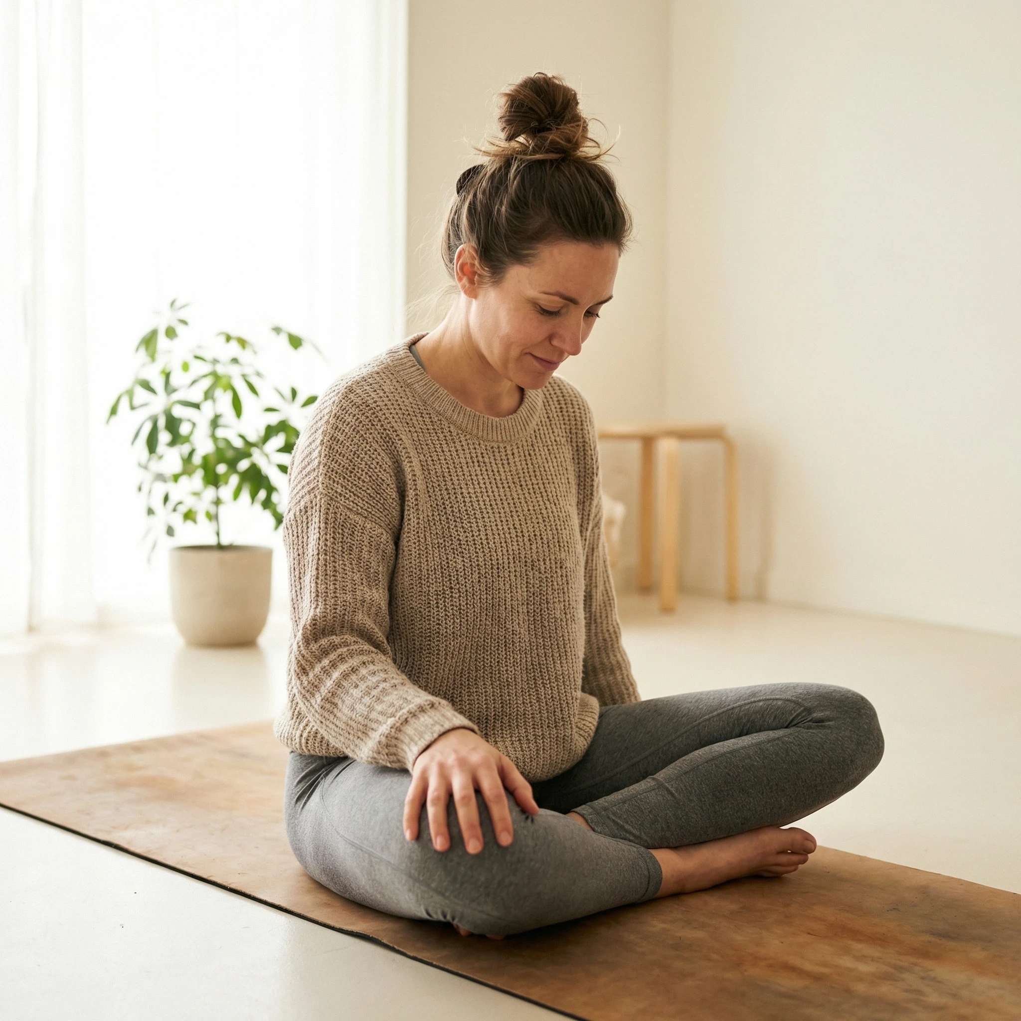 A thoughtful woman sitting on a yoga mat at home, looking down at her compression leggings with a calm, reflective expression.