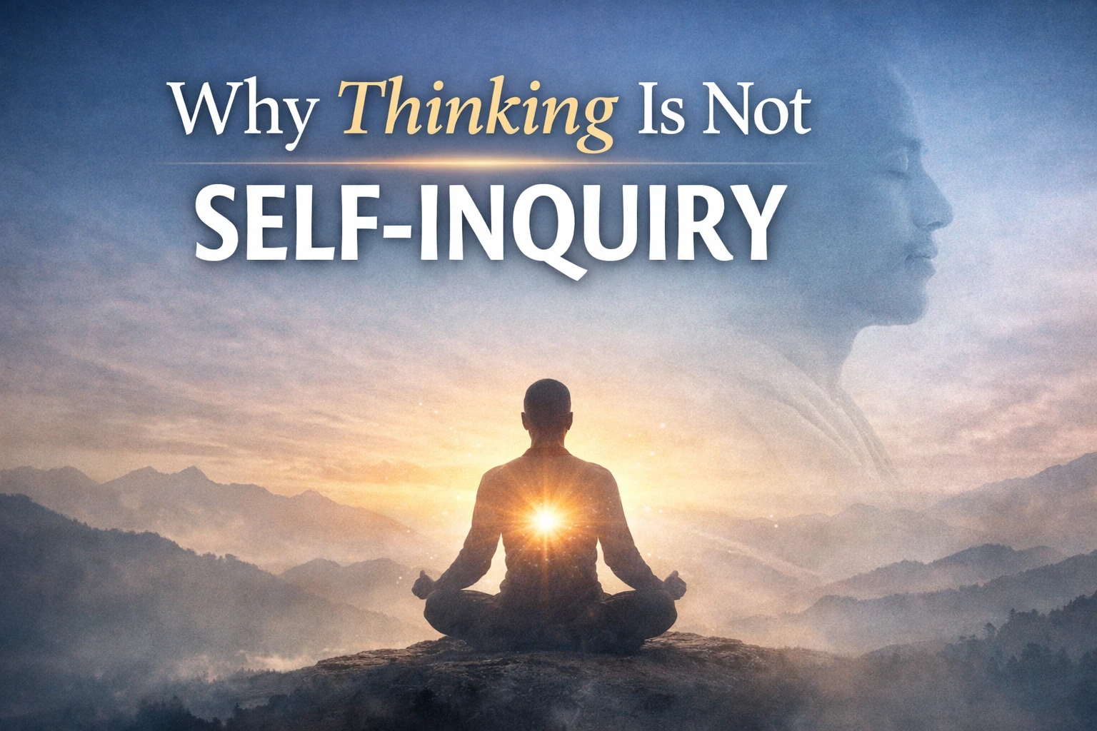 A meditating person sitting in lotus position on a mountain at sunrise with the text 