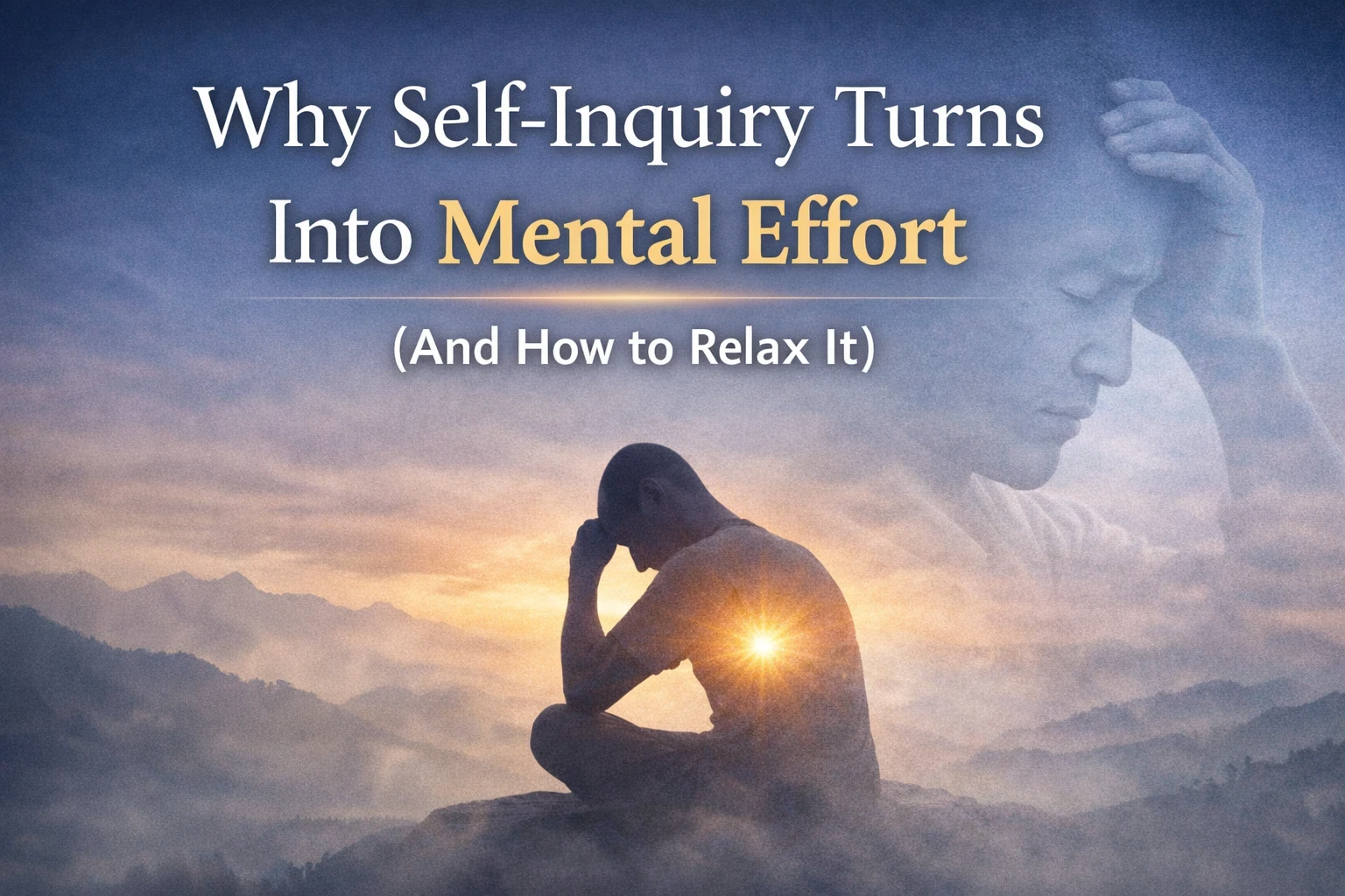 person meditating at sunset with text Why Self-Inquiry Turns Into Mental Effort And How to Relax It